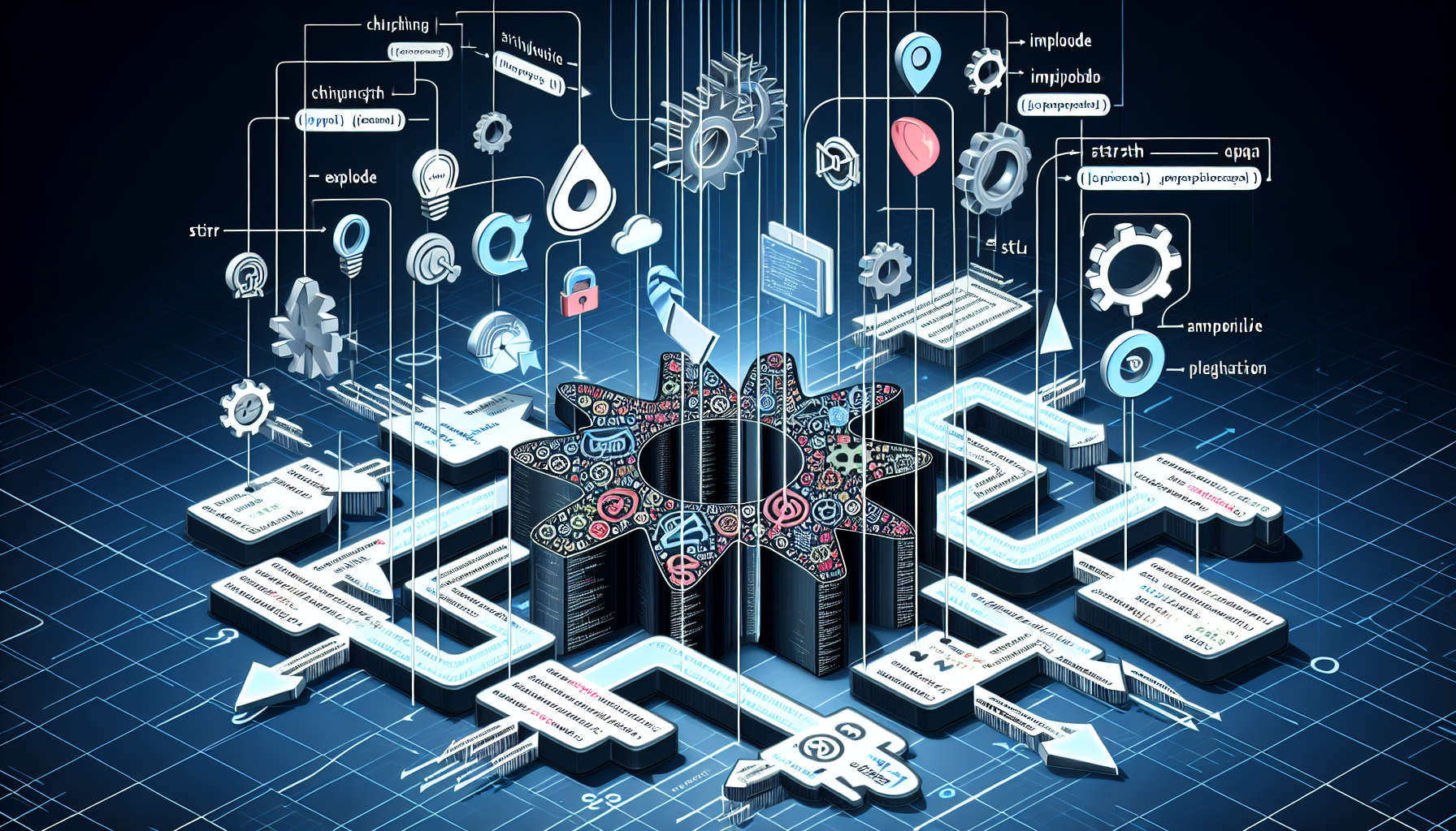 Visual representation of PHP string functions being used for data manipulation without any text. The scene contains different symbols related to programming, a large gear signifying efficiency, and several arrows indicating data flow. Various PHP string functions are represented as abstract shapes symbolizing their logic and operation. Each function is connected to the gear, illustrating their efficient utilization. Specific string functions might be represented by different abstract symbols such as a split symbol for 'explode' function, a unification symbol for 'implode' function, and a magnifying glass for 'strstr' and 'strpos' functions. All of this takes place on a digital background to denote the online environment.