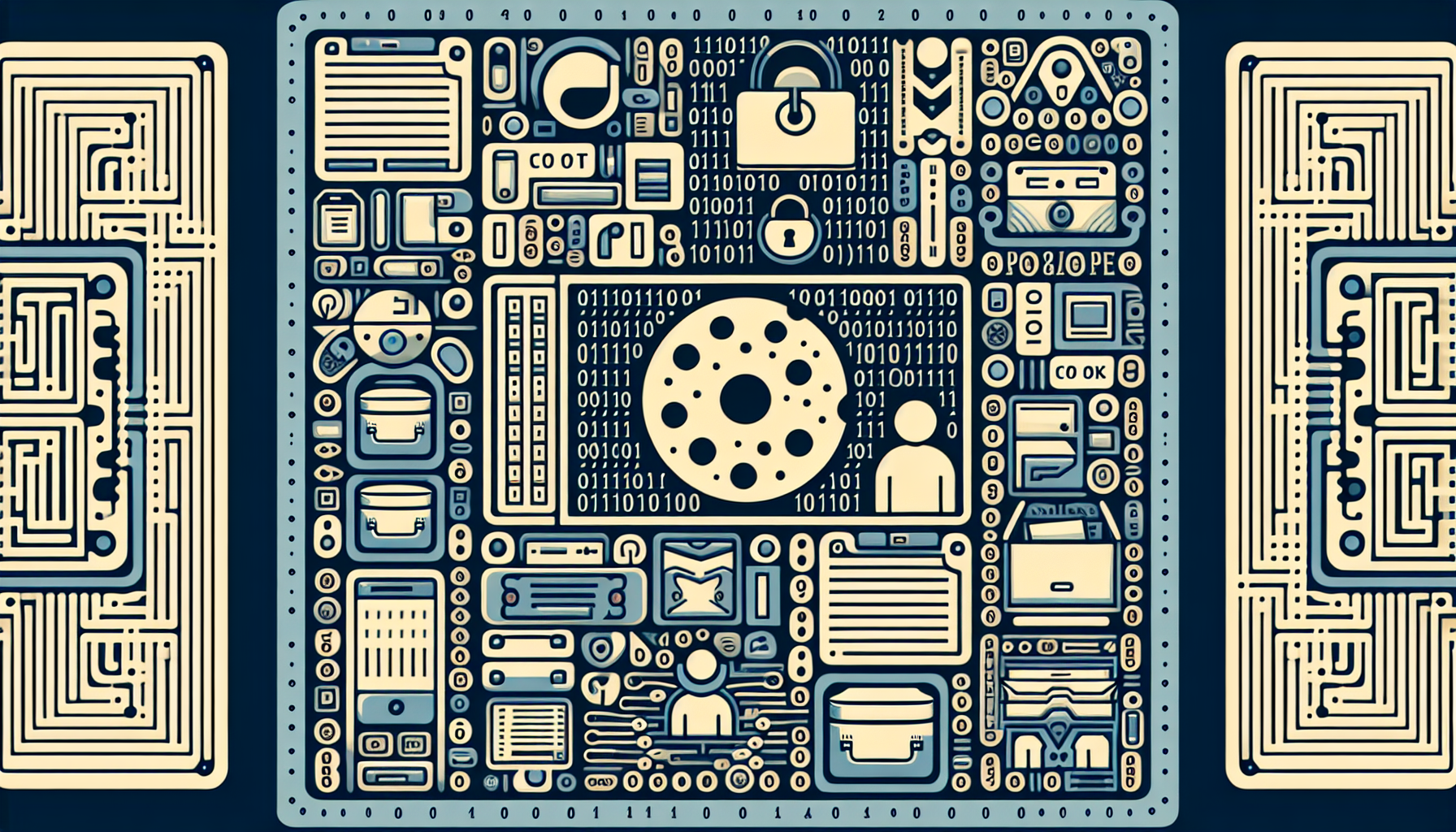 Generate an abstract image that represents the concept of storing user preferences using PHP cookies. The image can include symbolic representations such as an abstract depiction of a cookie (without a brand name), computer screen showing lines of anonymous code (with no brand logos), some form of storage like a drawer or a vault, and an abstract person-shaped icon to represent the user (even though the person is not detailed or specific). Remember to adhere to the instructions of excluding text, brand names, logos, and any identifiable people from the image.