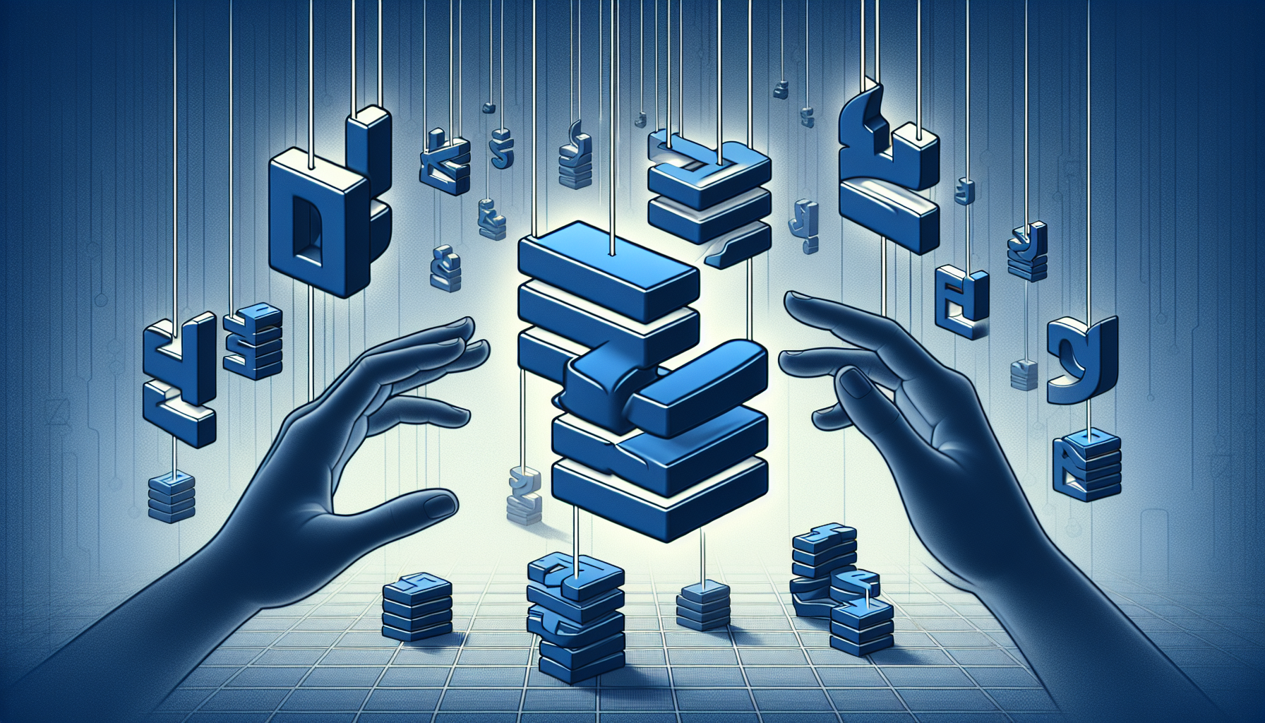 An abstract representation of PHP arrays in use for storing data. It should ideally be a digitally-rendered image showing stylized symbols of arrays with their unique structure. At the center of the image, a pair of digital hands manipulating the arrays, representing the creation and usage of them. The scene is devoid of text, brand logos, and people. The color scheme should be in contrasting tones of blue and white to allude to the PHP logo but not directly replicate it.