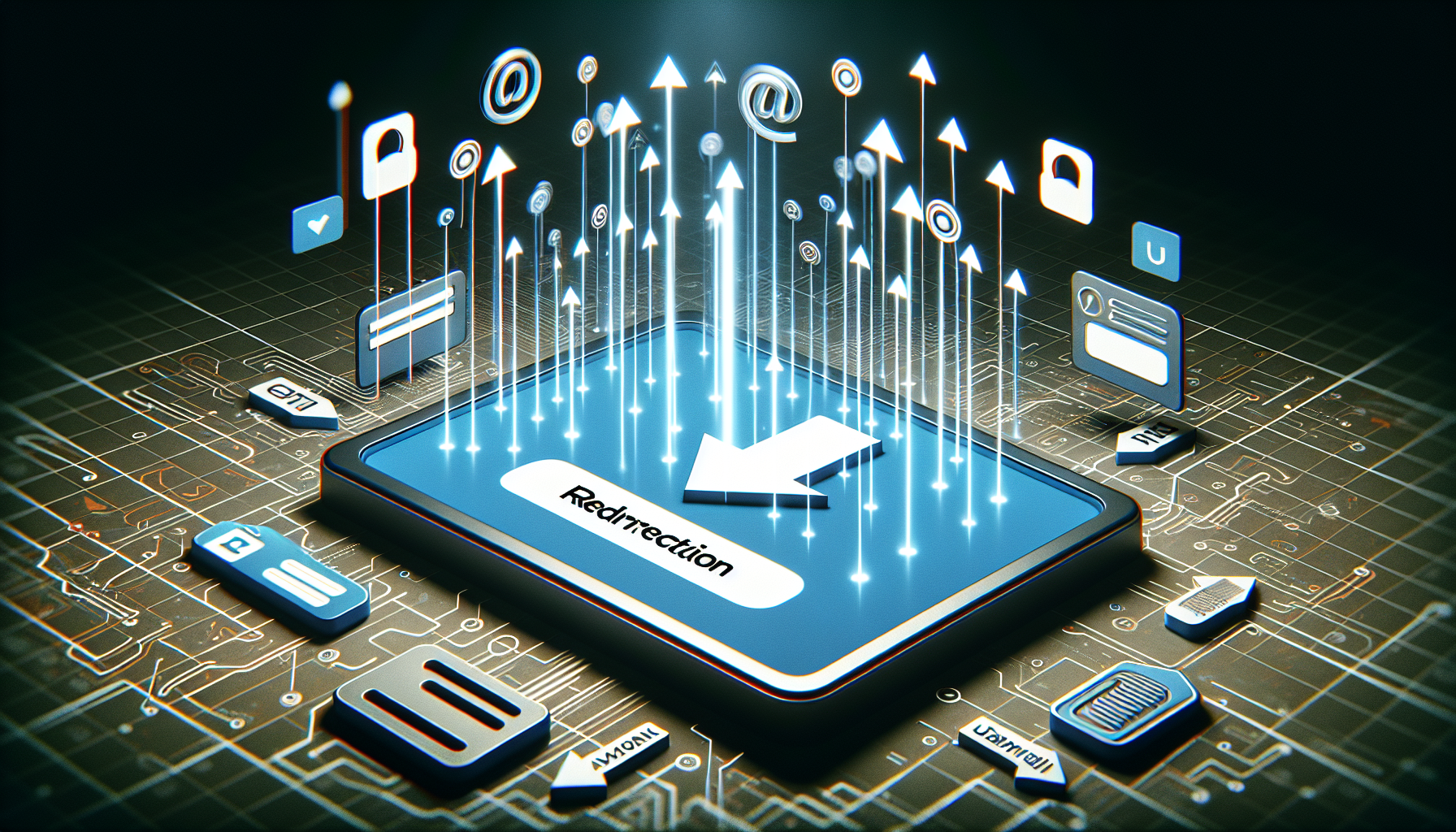 An abstract representation of the concept of automatic user redirection after login in a content management system. The image features digital arrows moving from a simple, unadorned login form towards a brightly illustrated dashboard or admin page. All symbols are non-textual, universal and do not stand for any specific brand. The scene is devoid of humans to comply with the request.