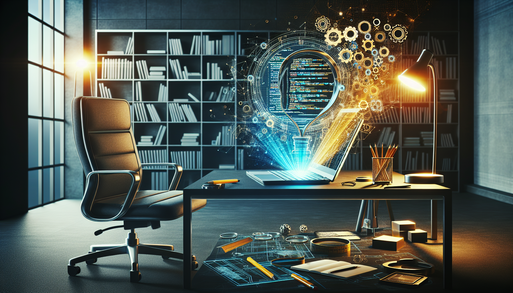 An image of a sleek, modern office setting with a comfortable chair in front of a desk. Resting on the desk is an open laptop displaying an abstract digital blueprint of a website. A vibrant yellow light illuminates the coding diagram. Also on the desk are various tools symbolizing customization and problem-solving: a magnifying glass leaning over the blueprint, a pencil, an eraser, and a set of gears. The air above the laptop subtly shimmers, emanating the essence of digital transformation and innovation. A towering bookshelf sits in the background, filled with non-branded books, emphasizing the atmosphere of learning and technological harnessing.