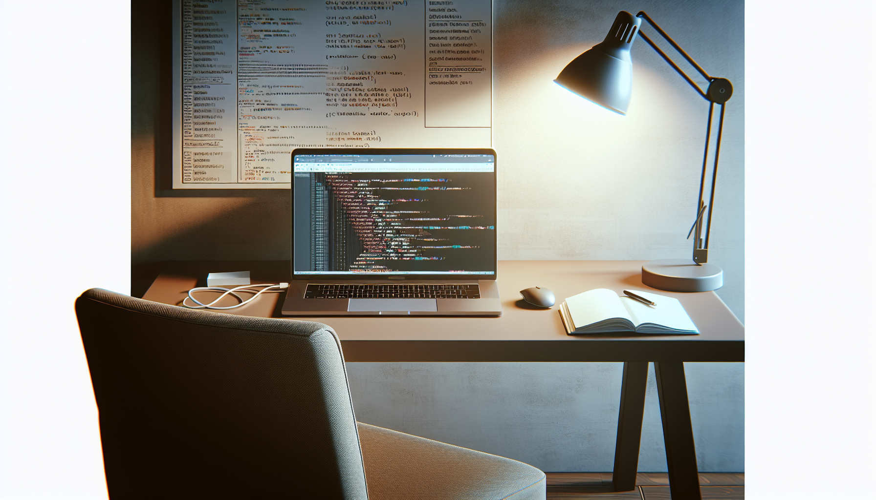 An image showing a process of coding on a computer interface without any distinct brand. The scene consists of an empty chair in front of a neutral-colored desk. On the desk, there's a laptop open with lines of code on its screen, signifying a custom coding procedure. Besides the laptop, an open notepad with a pen hinting at the note-taking of steps involved in the procedure. Overhead light falls on the desk embellishing the coding environment. Ensure that there are no humans, text, brand names, or logos visible in the image.