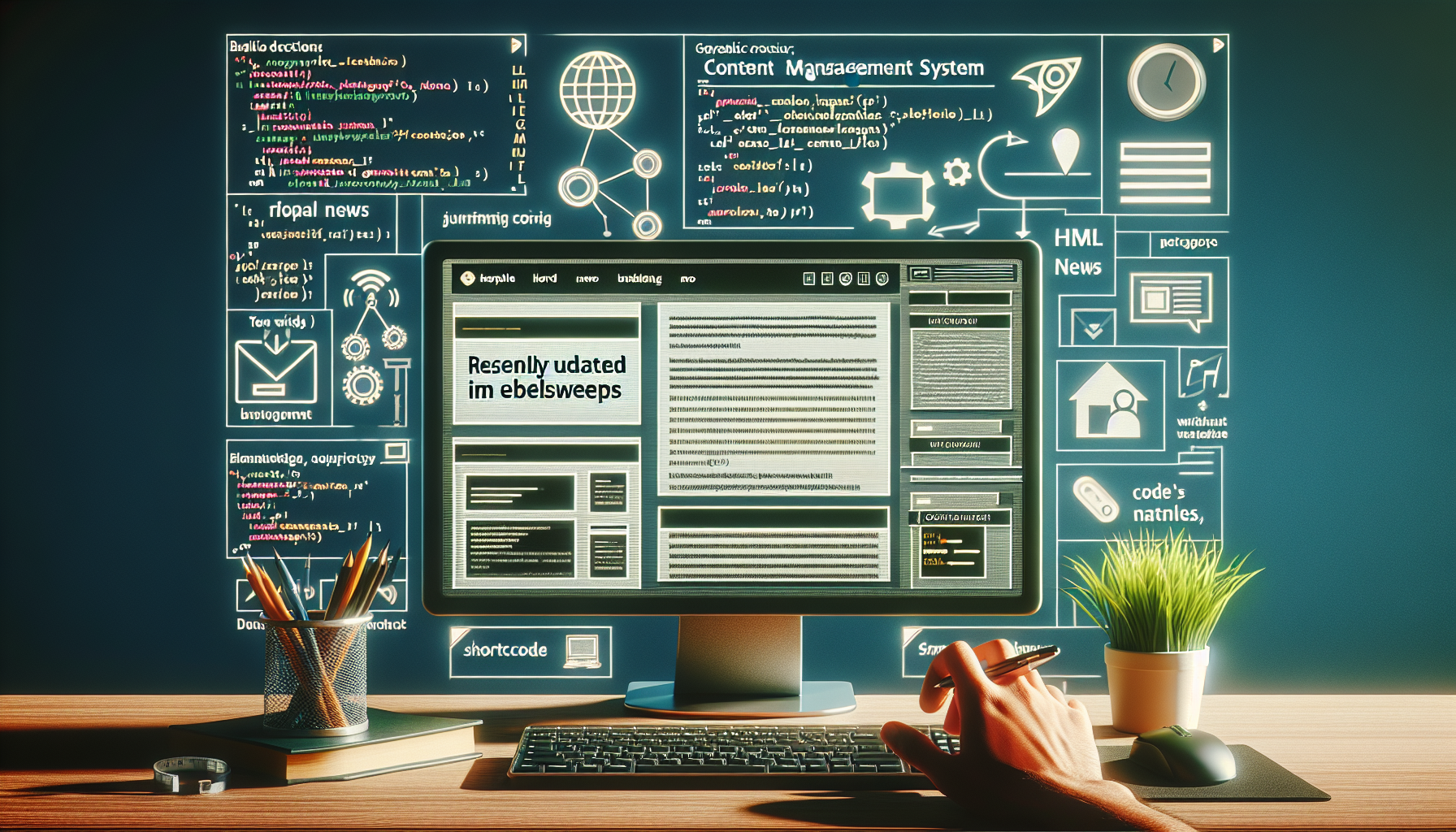 Generate an image representing the concept of recently updated webpages within a content management system, with no people present, and avoiding any branding. Show a visual of a computer screen displaying a symbolic website built on a generic content management system, showcasing fresh news or blog entries. On the side, depict the HTML tags and code elements without any specific language or syntax, illustrating the concept of writing a shortcode. Lastly, make sure there are no brand names, text, logos, or individuals within the image.