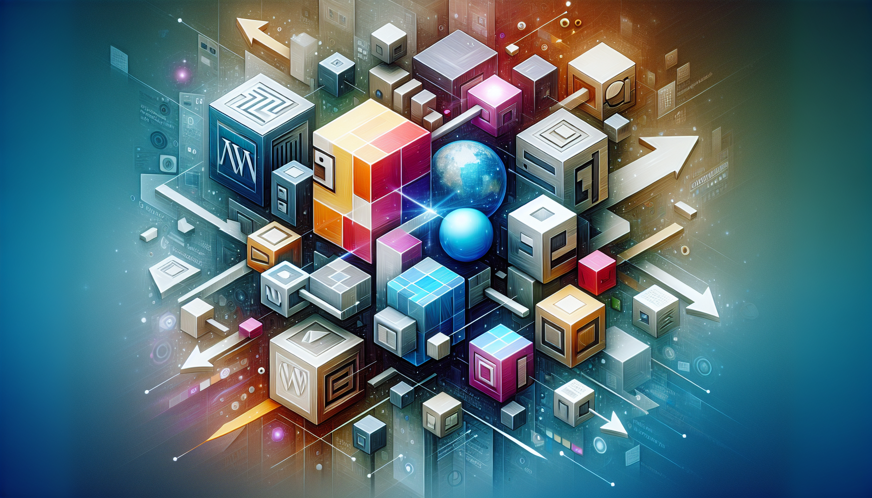 An abstract digital representation of the process of adding a custom CSS class to WordPress menu items. The image portrays various unbranded and text-less geometric forms interacting in a dynamic fashion: cubes representing the WordPress elements, an orb symbolizing the CSS class, and arrows indicating the addition process. Everything is arranged over an abstract background, with colors suggesting creativity and innovation. Note that no people, text, logos, or brand names should be included in the image.