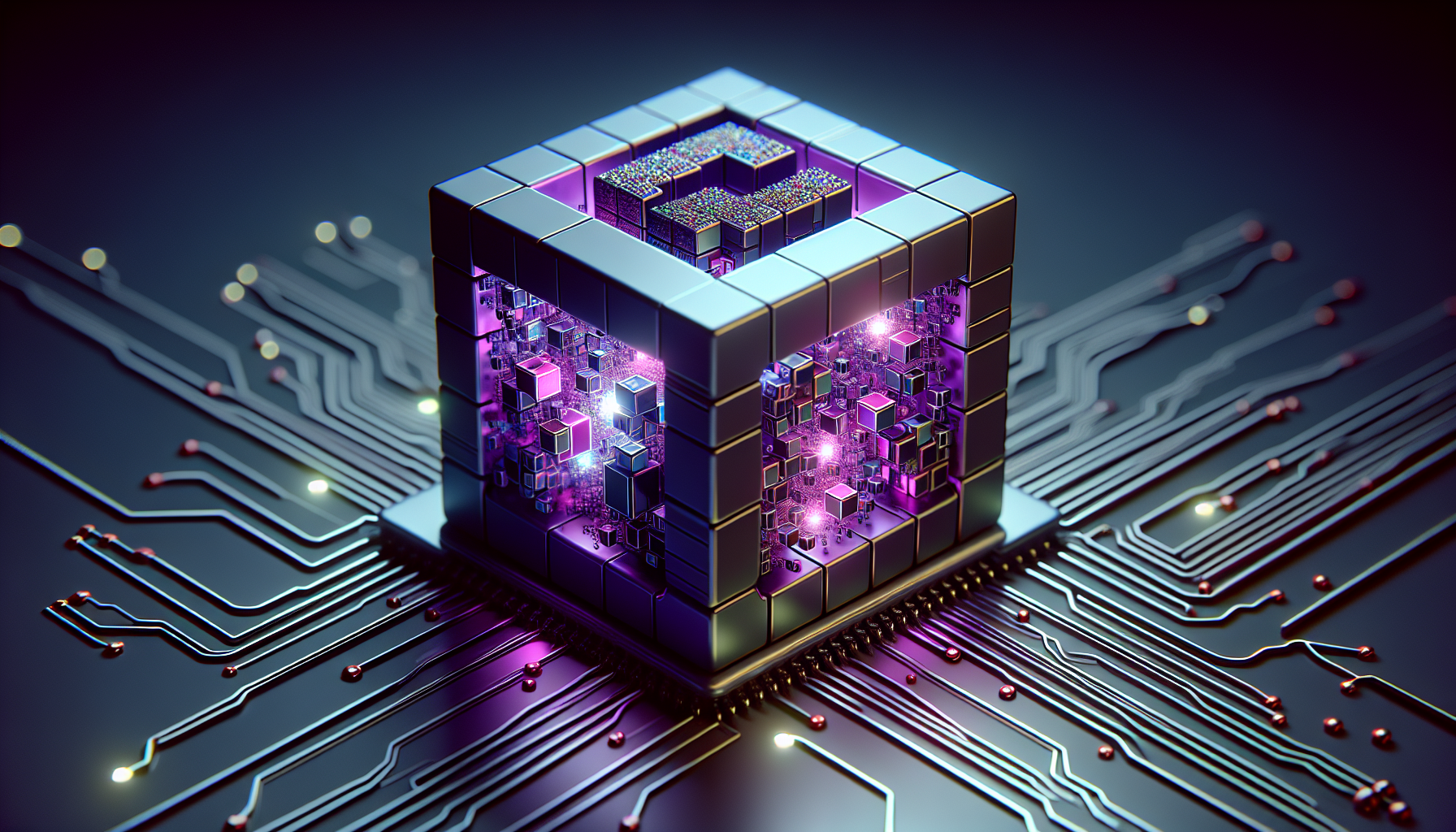 An abstract representation of object-oriented programming through symbols, without using text or brand names. Features a large three-dimensional cube in shades of the PHP language's signature purple, divided into smaller cubes, representing an object made up of attributes and methods. Each small cube is glowing with a different brightness, symbolizing the concept of programming objects with individual properties. This large cube sits on a computer motherboard, creating a connection between the abstract concept and its application in computer programming. There are no people, text, or brand names in the image.