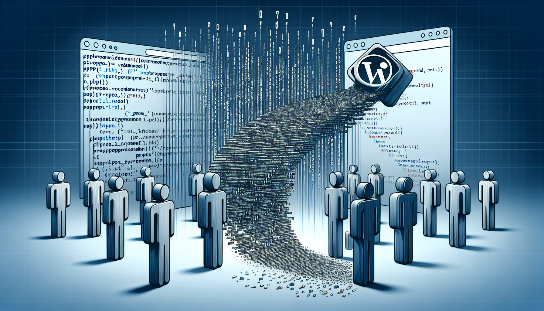 A detailed yet abstract representation of coding and website development process targeted at WordPress, without showing any brand names or logos. The image shows a sequence of generic, abstract figures representing php code snippets, cascading downwards onto a simplified, universal toolbar icon, symbolizing its deactivation. The scene is devoid of any human figures. Neither the article title nor any other text appears in the image.