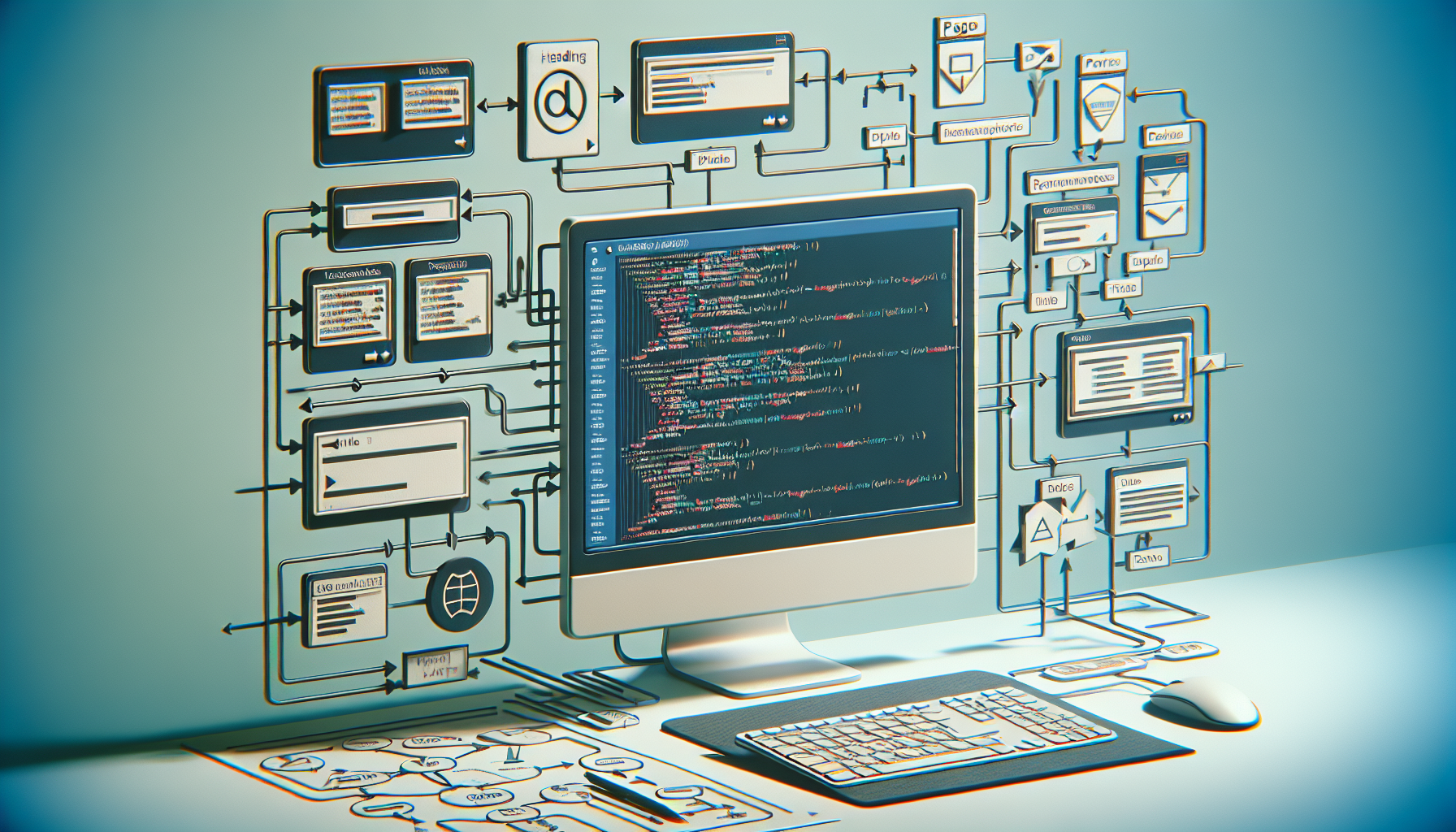A depiction of a computer screen displaying a series of code, suggesting the programmatic creation of web pages. The code highlights the elements such as HTML tags for headings, paragraphs, and links, but without any real text. A flowchart demonstrating the process of page and post creation is placed near the screen, with arrows linking various abstract shapes, indicating different stages. Notably, no people, brand names, or logos are included in this image.