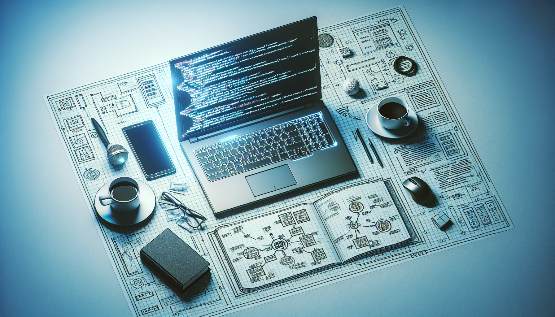 A conceptual image representing the setting up of a Local PHP Development Environment. You're looking at a desktop scene from a bird's-eye view, featuring an unbranded laptop with lines of code glowing on its screen, symbolizing PHP development. There's a blueprint with a simple network diagram adjacent to the laptop, indicating a local environment. A coffee cup, a couple of books related to PHP and programming, along with a pair of generic headphones lie nearby. The borders of the image are lightly blurred leading the viewer's attention to the center. All objects are devoid of text and trademarks.