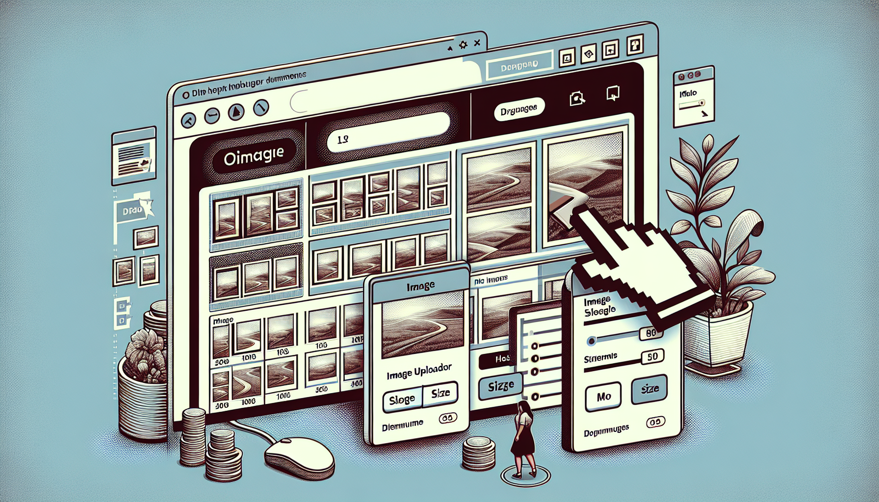 An image exemplifying the process of adding an image size selector to a media uploader in a blog hosting platform. The scene shows, first, a variety of differently sized images laid out on the screen. Second, it depicts a pointer cursor hovering over a drop-down menu, with options showing various image dimensions. To its side is a separate panel with an image thumbnail being adjusted to different sizes. However, the image excludes human figures and any identifiable brand references. Also making sure not to embed the suggested title as text within the image.