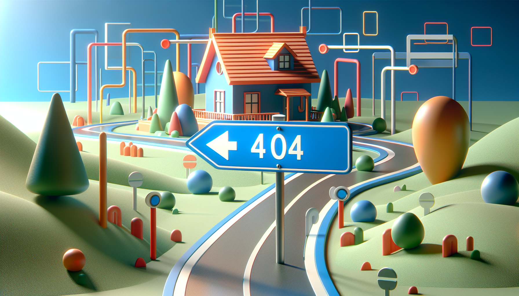 A digitally created image showing a detached 404 signpost on the side of a pathway surrounded by a digital environment with flat colored shapes, pointing toward a homely structure representing the Homepage at the end of the road. The scene is clear of any human figures, frequently visited landmarks, brand names, or logos. The 'Homepage' is shown visually as a welcoming building at the end of the pathway. The pathway is winding through a landscape filled with abstract geometric shapes, symbolizing the digital landscape.