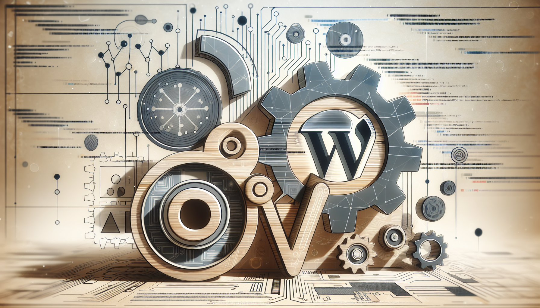 An abstract depiction of WordPress customization process without involving any brand names, logos, text, or human figures. The image features key elements such as a stylized cogwheel representing settings or modifications, indications of pre-coding scripts, and a visually engaging, dynamic background symbolizing the flexibility of altering default configurations. The scene is enveloped in a neutral color palette with digital, mellow aesthetic to underscore the technical nature of the topic while maintaining an inviting atmosphere.