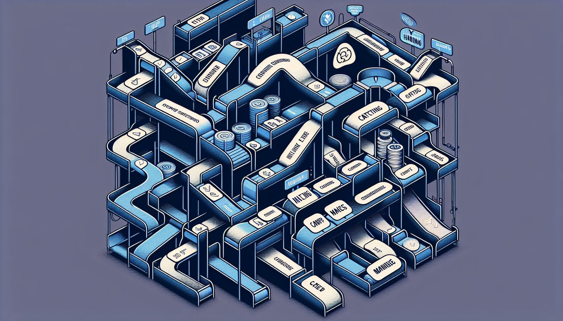 An illustrative scheme for dealing with PHP error handling concept. Visualize a system of conveyor belts and chutes bearing various abstract symbols representing different types of errors prevalent in PHP coding. Consider some of these chutes labeled with labels indicating different handling strategies like 'catching' and 'managing'. The conveyor system appears intricate, but is segmented and organized, suggesting care and precision. The predominant color scheme follows the shades of PHP official color, deep navy blue with some hints of lighter blue and grey. No brand names, logos, or text should appear in the image.