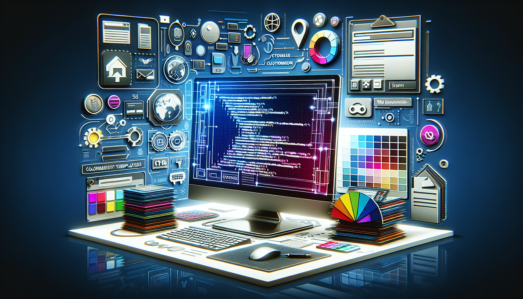 An image showing a futuristic computer monitor displaying complex coding diagrams and structures, surrounded by a variety of colorful symbols that represent different web development tools. There's a theme with pallets and color swatches to signify customization. Besides, a representation of a generic, abstract online store model is shown, not resembling any specific brand or company, to depict the concept of online commerce. There's also a rotating 3D layer structure, denoting the layering of templates and the idea of overriding and customizing these layers for an e-commerce site. Note: This image doesn't include any text on items, any brand names, or people.