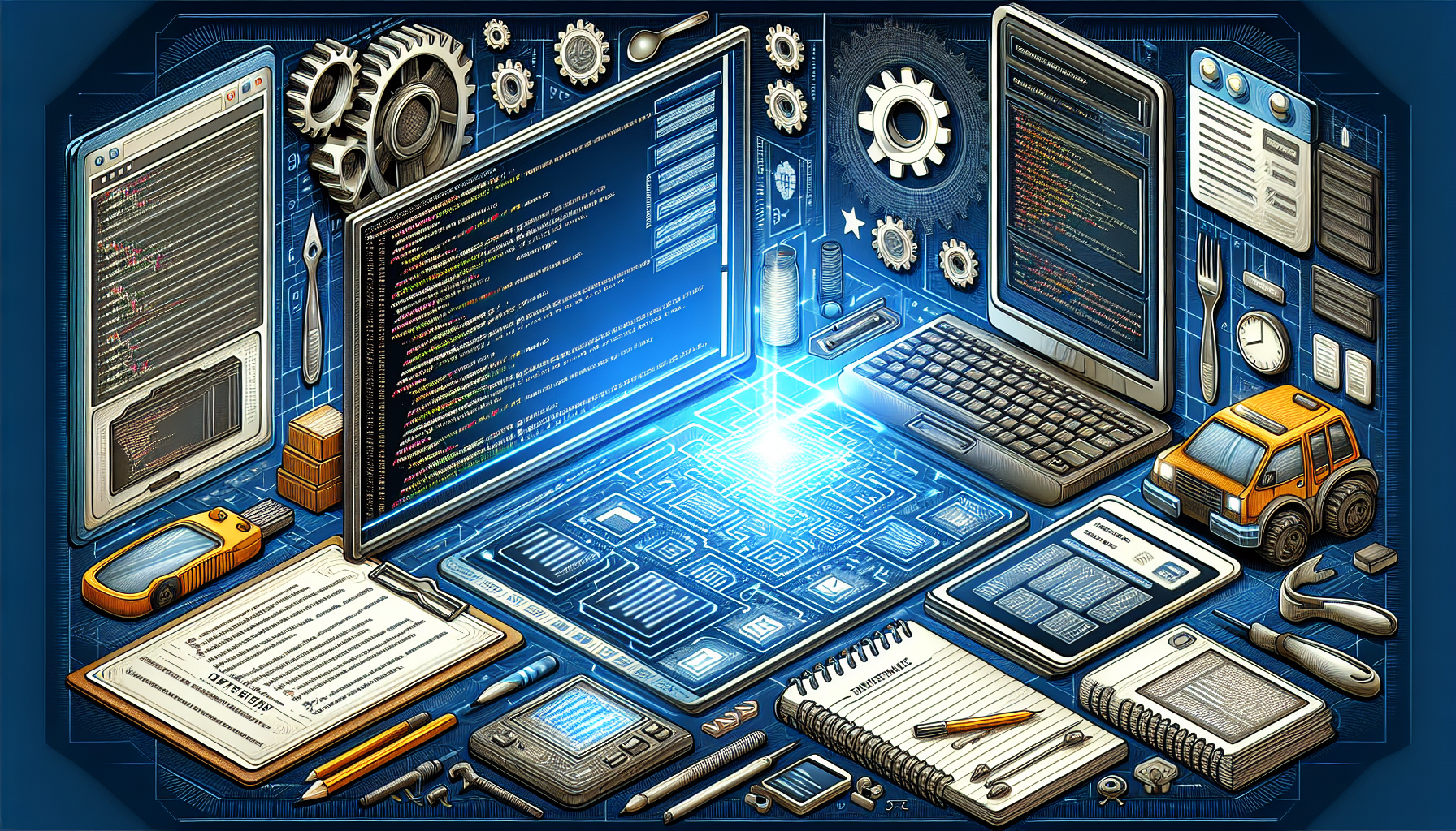 A detailed illustration of a process: In the foreground, there are various web development tools like a computer screen displaying lines of coding, website wireframe on a digital tablet, and a notepad with written pseudo code. The background of the image showcases maintenance tools and gears. There's a symbolic arrow from the scene to a vibrant, well-structured, modern look contact form glowing brightly. All devoid of humans, textual content, and brand logos.