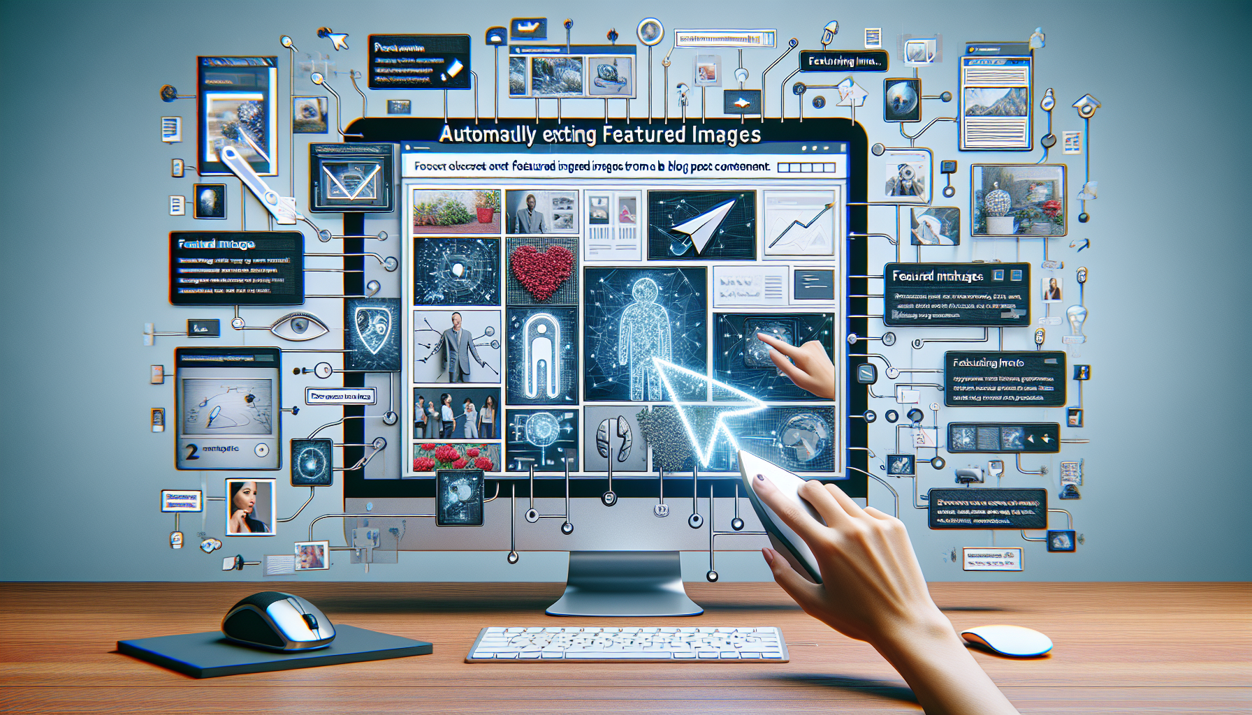 Create an image that represents the concept of automatically extracting featured images from a blog post content. The scene depicts a digital collage where a computer mouse pointer is clicking on post elements including photos, diagrams, and other visual content. On the other side, the featured image placeholders are being automatically filled with the selected post content elements. Avoid including any text on elements, excluding any brand names, logos, or human figures. Set the image in a contemporary digital environment devoid of specific software interfaces.