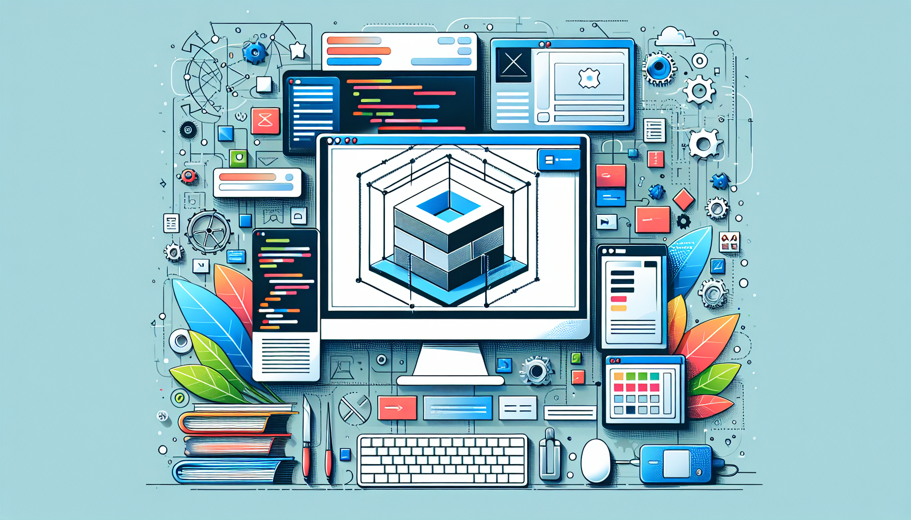 Illustration of a creative process of assembling a custom block for a generic website building platform. The center showcases a computer monitor displaying a non-branded web development environment with a prominent block structure, surrounded by floating abstract shapes and symbols often associated with programming but without any actual code. Add digital tools spread around, such as stylized images of gears, tools, and flowcharts. Keep the colors vibrant and the style modern. As specified, exclude any people, text, brand names, and logos.