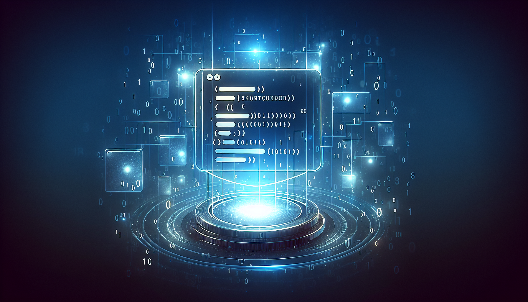 An abstract representation of a WordPress shortcode creation process: a large stylized computer screen displaying brackets and slashes, symbolizing code inputs. The screen is afloat in a sea of softly glowing data points and binary numbers on a dark blue canvas, illustrating user meta information. Also, incorporate simple geometric shapes like squares, circles, and triangles in faint hues symbolising widgets and tools used for shortcode creation. No humans or brand names in the image. Create this image without displaying any text on items or within the image itself.