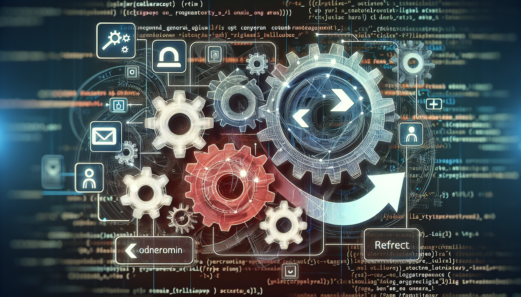 Illustrate an abstract concept of a custom login redirect system in a generic content management system. The image should include symbolic system gears intertwined and a directional arrow showing the redirect process. In the background, place ambiguous code snippets to signify a programming environment. Avoid using visible characters as part of the code, it should rather provide a blurry backdrop. Exclude any representation of human beings or logos. Adhere to a modern, digital art style but steer clear from brand-specific elements. Do not include any text in the image.