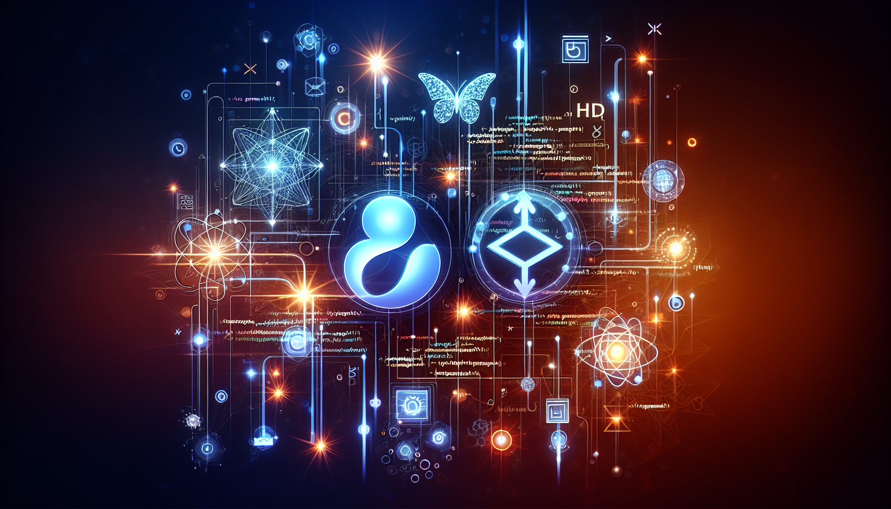 An image showcasing a dynamic layout of different elements representative of web development. At the forefront, there should be two abstract shapes, one to symbolize the PHP scripting language and the other for HTML programming. These might look like glowing symbols or orbs, glowing lines, or abstract patterns. Other generic elements related to coding and web design could be included, such as linkage between different components symbolized by lines or arrows, but no specific software or brand names should be shown. Make sure no text or people are depicted in this image.