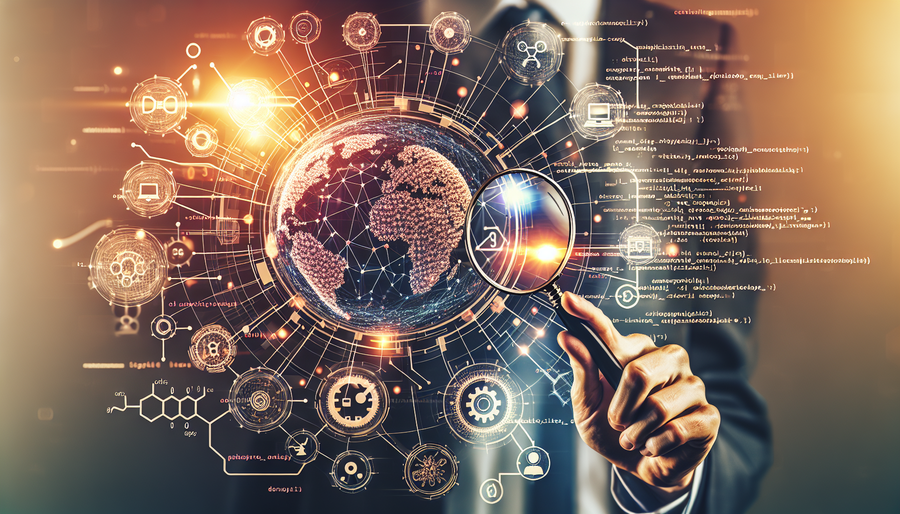 Generate an image tailored for a technical article. Picture a synergistic scene of technology and innovation, featuring symbols of coding and search engines. Illustrate a complex network of interconnected nodes representative of machine learning and a magnifying glass hovering over it symbolizing the enhanced search capabilities. Also include an abstract representation of integration, symbolized by puzzle pieces coming together seamlessly. Ensure no brand names, logos, and people are present in the image. Make sure the image communicates progress and technology without using any text.