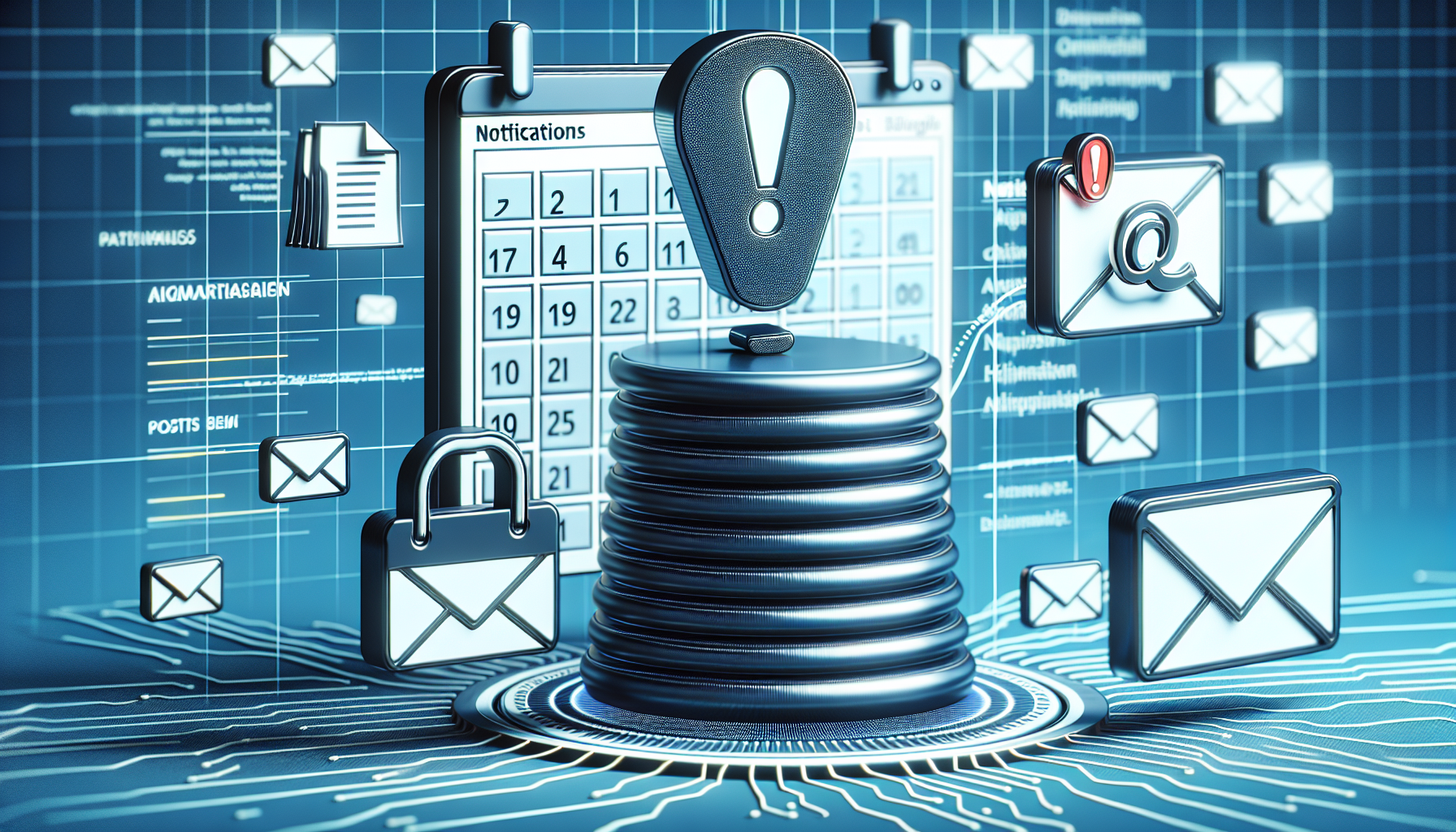 Visual representation of a generic plugin icon adjacent to a notification symbol - a bell with an exclamation mark. The scene is accompanied by a digital calendar flipping pages, indicating the passing of time, and a mail envelope symbol to imply notifications being sent. A wireframe representation of a generic backend database where posts are stored can be seen in the backdrop, with ambiguous posts passing through it. All objects are set in an abstract data background, symbolizing the digital nature of the concept.