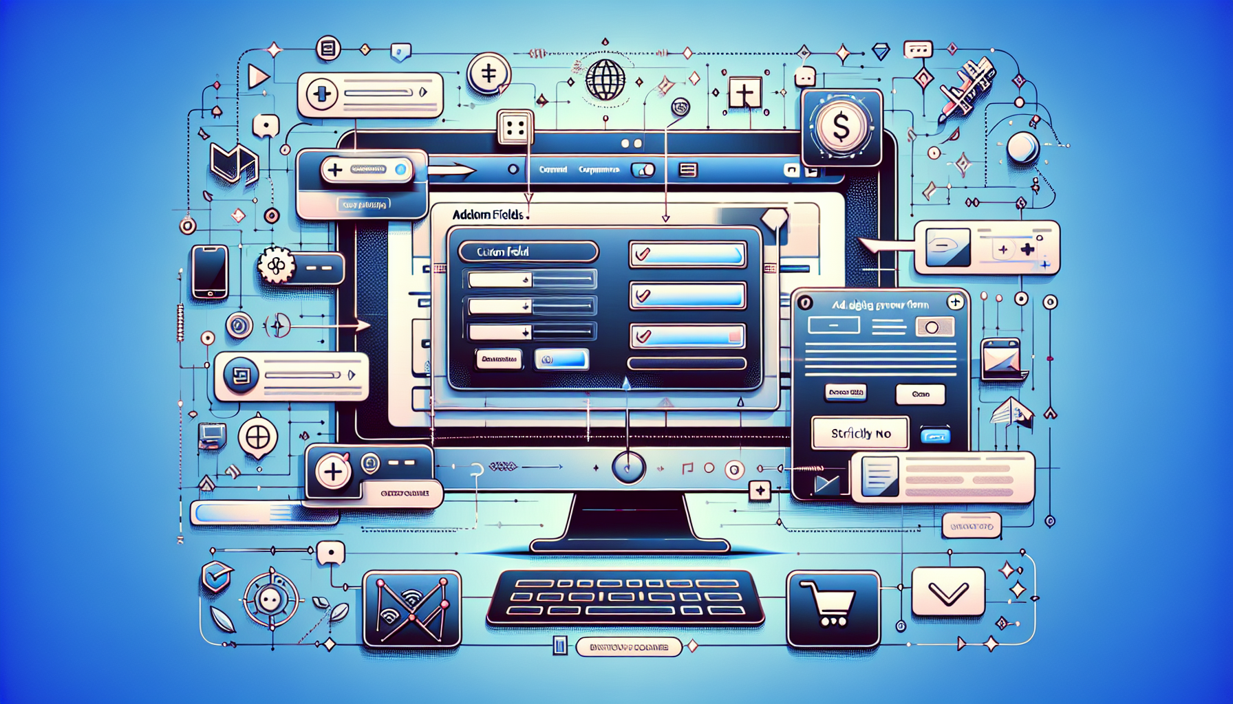 A detailed illustration showing the process of adding custom fields to an ecommerce website's checkout form. The scene depicts a well-designed computer screen displaying an empty checkout form. Symbols and illustrations, such as arrows and plus signs, indicate the procedure of adding new fields dynamically. Also, include a separate section on the side showing a set of distinct custom field icons. The overall theme is modern and digital with symbols and images representing technology, e-commerce, and website development. Strictly no text, people, branding, or logos are included in the scene.
