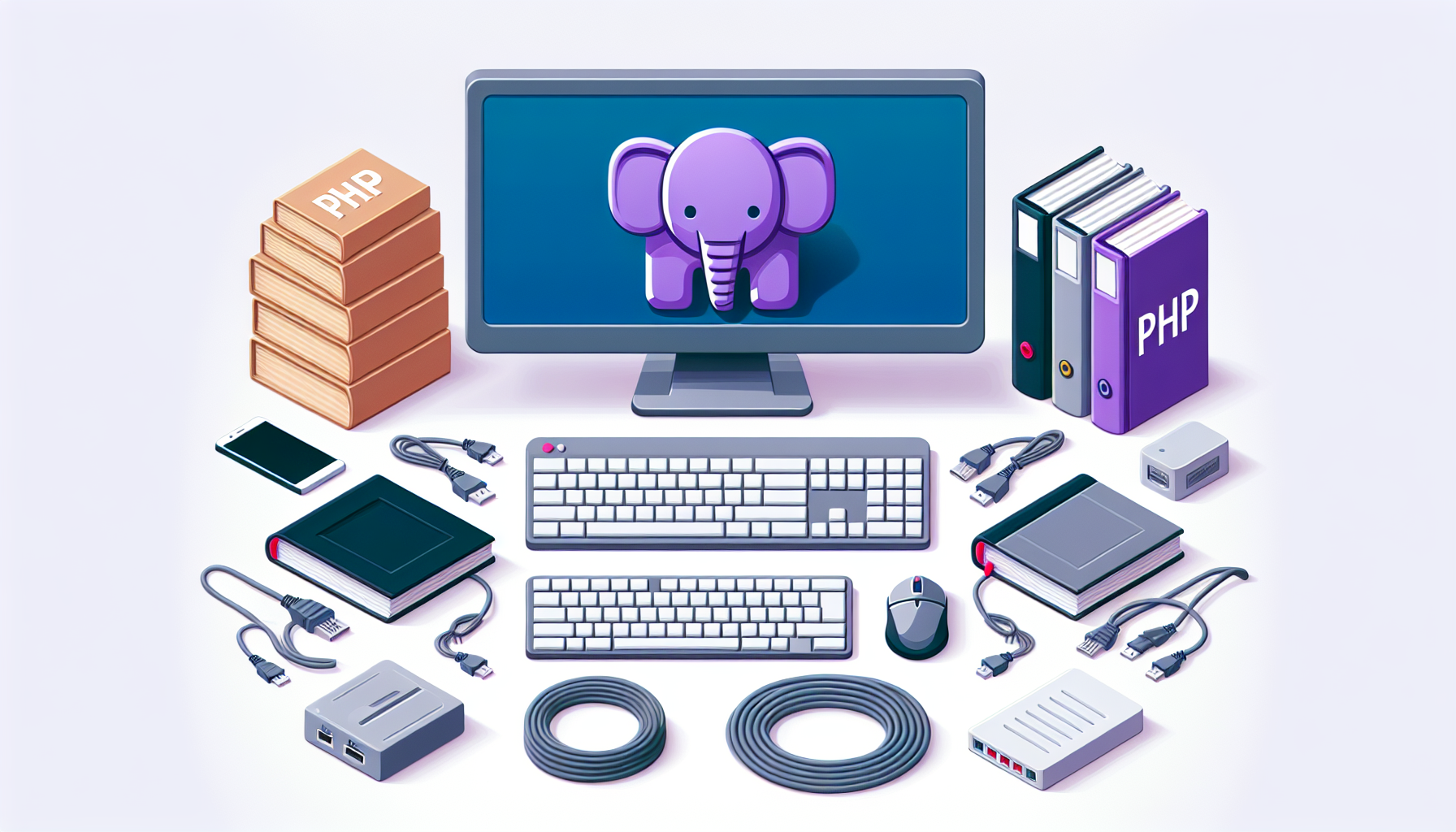 An assortment of equipment associated with setting up PHP, displayed in an orderly fashion. This includes a desktop computer with a blank screen, disconnected keyboard and mouse, piles of network cables, and books with blank covers indicating they are coding manuals. There's also a symbol representing PHP, a small, abstract elephant figure in purple without distinct details, denoting the community's unofficial mascot.