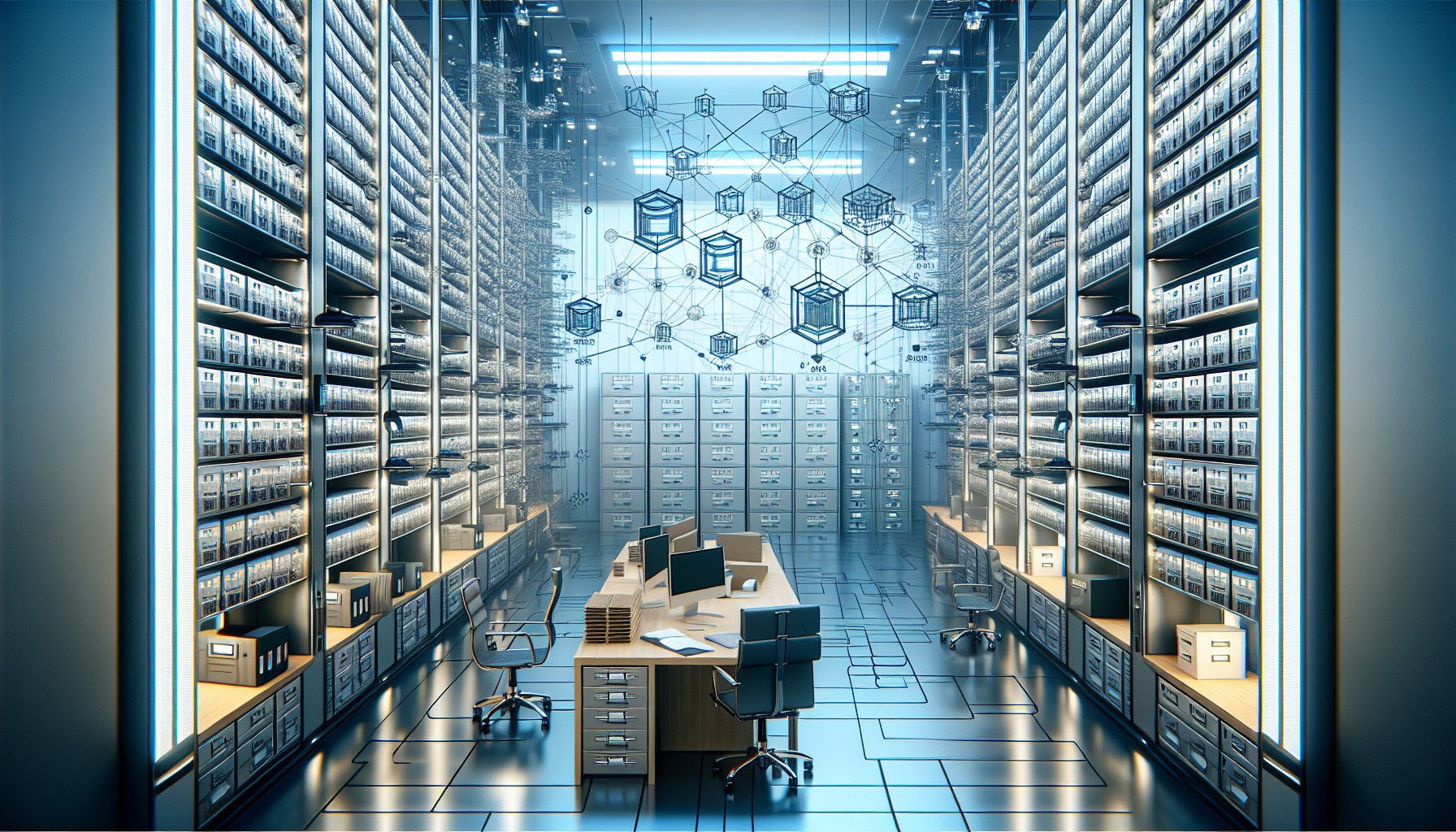 An illustration for an in-depth technical concept concerning PHP namespaces: Think about carefully arranged and neatly labeled filing cabinets in an ultra-modern office. Shelves full of folders, representing the structuring and organization aspects of namespaces in PHP. Also, use visual allegories like network nodes connected by lines that represent hierarchical relationships. Ensure a tech-inspired sleek atmosphere with metallic surfaces and bright, cool lighting. Do not include people, text, brand names or logos in this image.