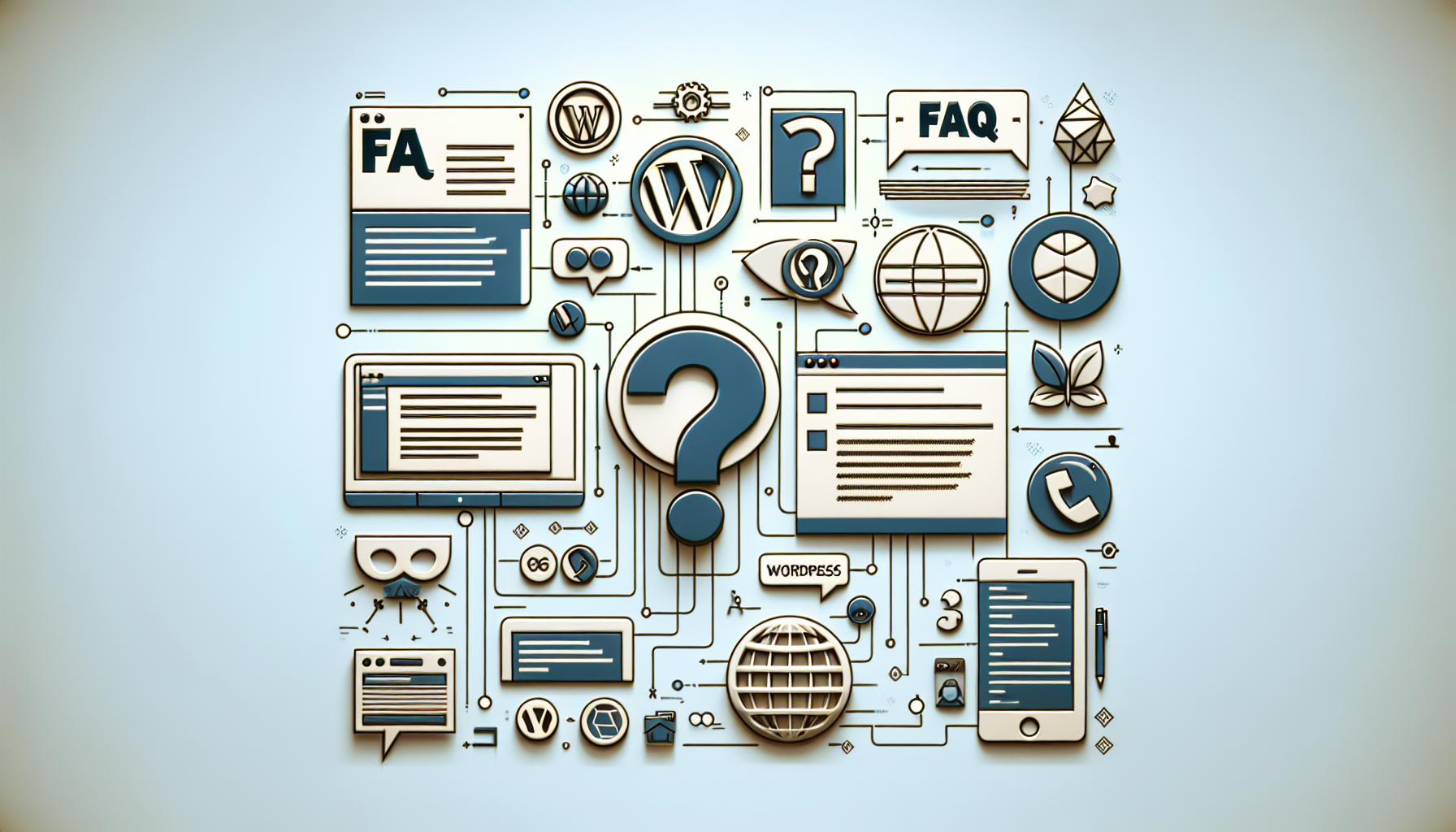 Visualize a concept portraying the integration of an interactive FAQ (Frequently Asked Questions) section into a website. Show individual graphics representing different aspects of the concept, such as a coded website layout, vague symbols of WordPress and jQuery but without branding or logos, and a stylized question mark denoting an FAQ section. Display all these elements together, suggesting connection and interaction in a coherent, clean and uncluttered form. The image should have a light, neutral palette. Ensure no textual content, brand identities or human characters are included.