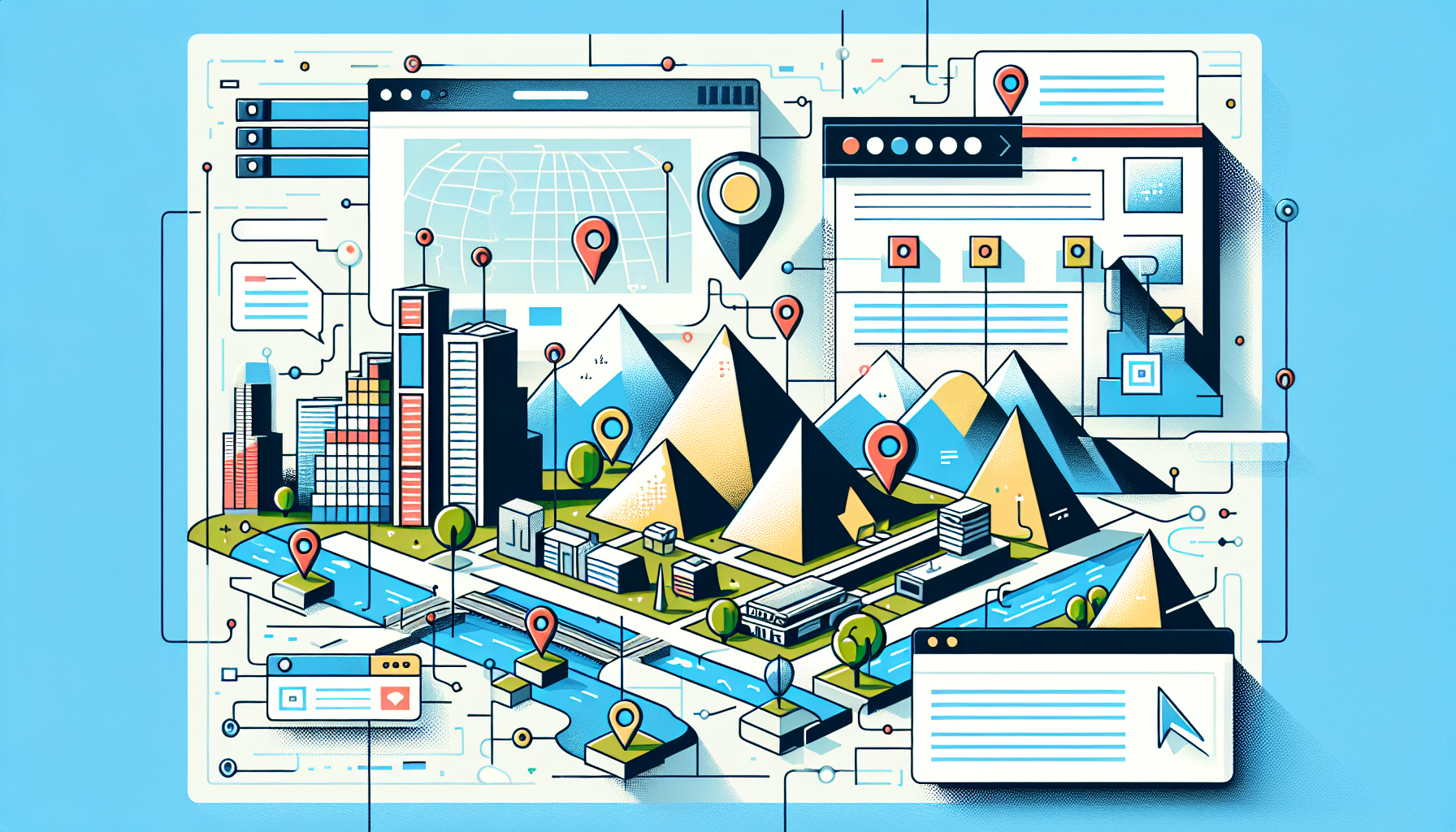 An abstract illustration displaying the concept of geolocation incorporated into a digital landscape. Illustrate a diverse array of locations represented by simplified and abstract landmarks, such as pyramids, mountains, and skyscrapers. Next to these symbols, add a generic map that has pin markers scattered across it. Combine this with visual elements suggestive of website construction, like floating blocks of code, mouse cursors, and generic CMS interface fragments. Ensure all objects are non-branded, generic, and do not contain any written language.
