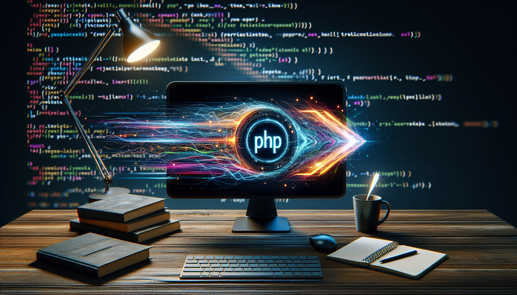 An image illustrating the concept of optimizing PHP performance: A dark computer monitor displays a vibrant, abstract representation of fast flowing data, denoted by glowing lines zooming across the screen, flowing from a PHP script icon to symbolize execution. This is amid a coding environment background with lines of generic, unlabelled programming language. On the table, there are several coding books, a coffee mug, and a notepad with a pen, but without text. The surrounding workspace is modern, clean, and minimalistic, free of brand names or logos.