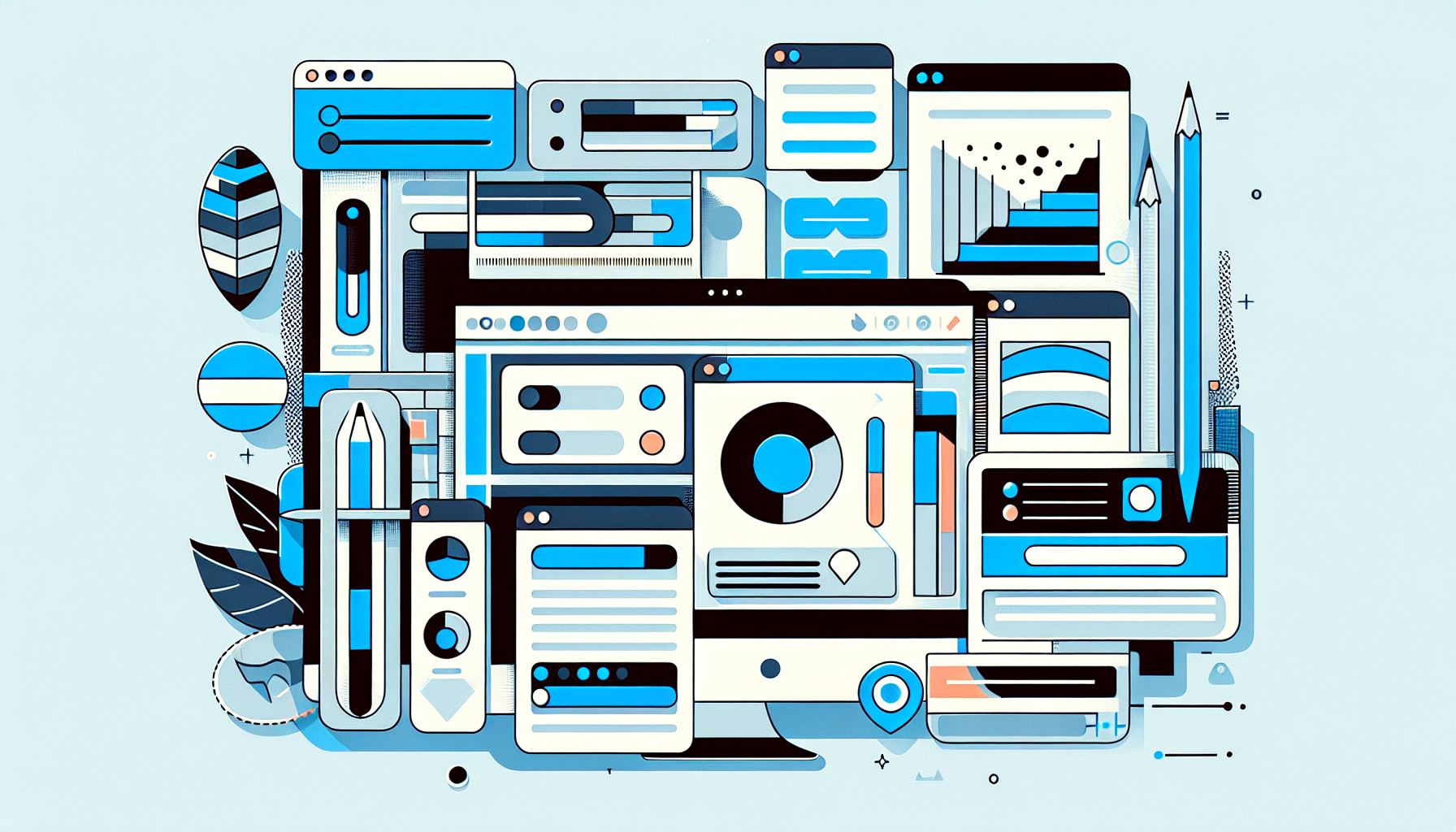 A stylized depiction of a custom website building UI, featuring generic tools, widgets and resources that one might find on a WordPress dashboard. The design combines a digital aesthetic with comfortable, harmonious tones of blue and grey. It consists of different sections like an editing toolbar, colorful progress charts, a navigation panel with abstract symbols, and a content preview area. The image is clean, organized, and professional looking, devoid of any human presence, text, brand names, or logos.