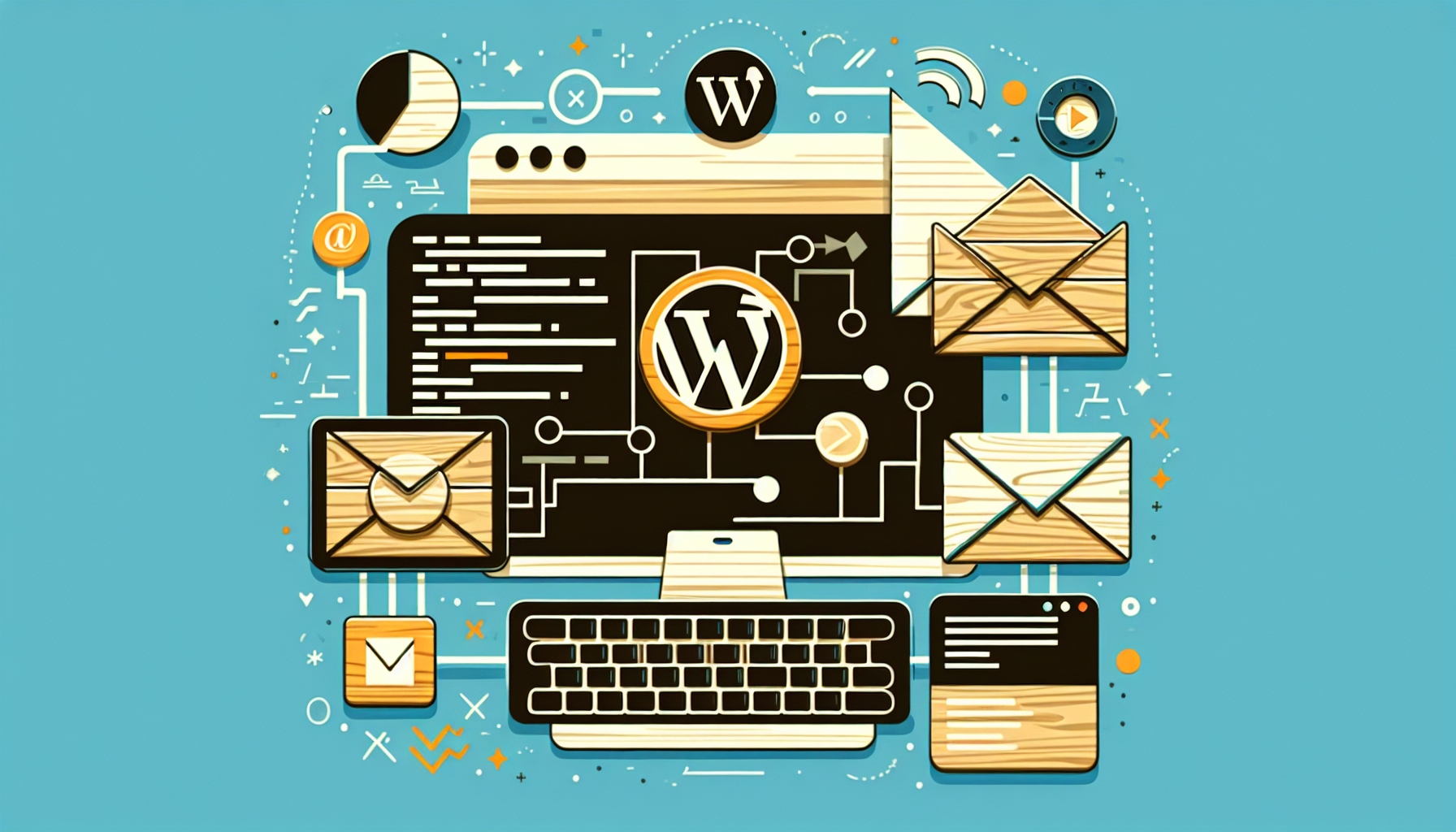 Conjure up an illustration that symbolizes the construction of an email newsletter system, using elements that represent a WordPress-like platform, without directly showing the WordPress brand. The illustration should have elements such as a computer with generic code on the screen, envelopes symbolizing email, and possibly a flowchart showing the system's structure. All within an abstract background that do not directly point out to any specific brands or products.