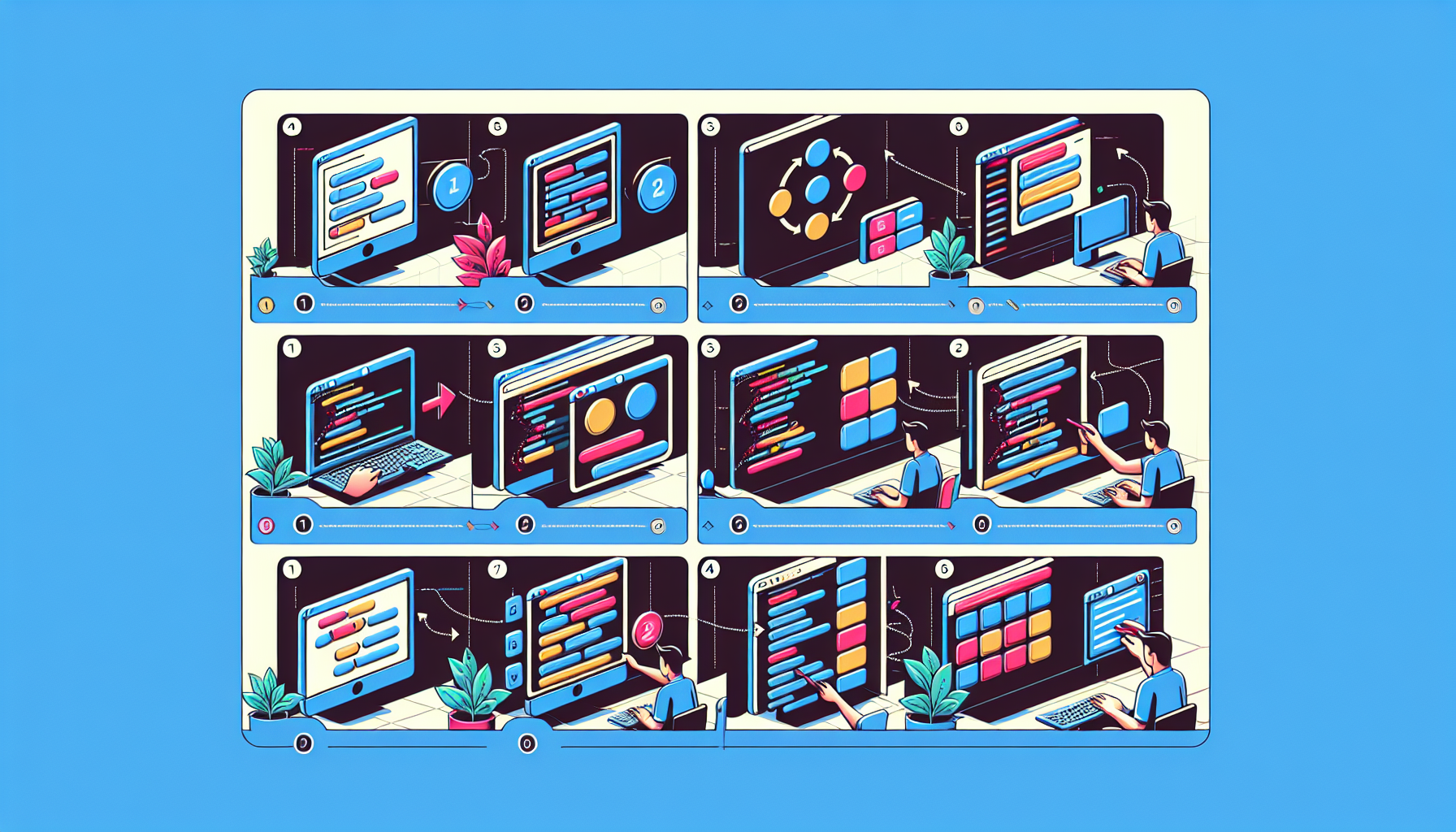 A digital, graphically represented, step-by-step procedure depicting the process of creating animated, color-coded sliders using coding symbols. The first few steps should show a basic website layout being established, and the following steps should depict the gradual integration of sliders into the layout. The final image should show a successful implementation of colorful, animated sliders into the website design. No people or brand logos should be included.