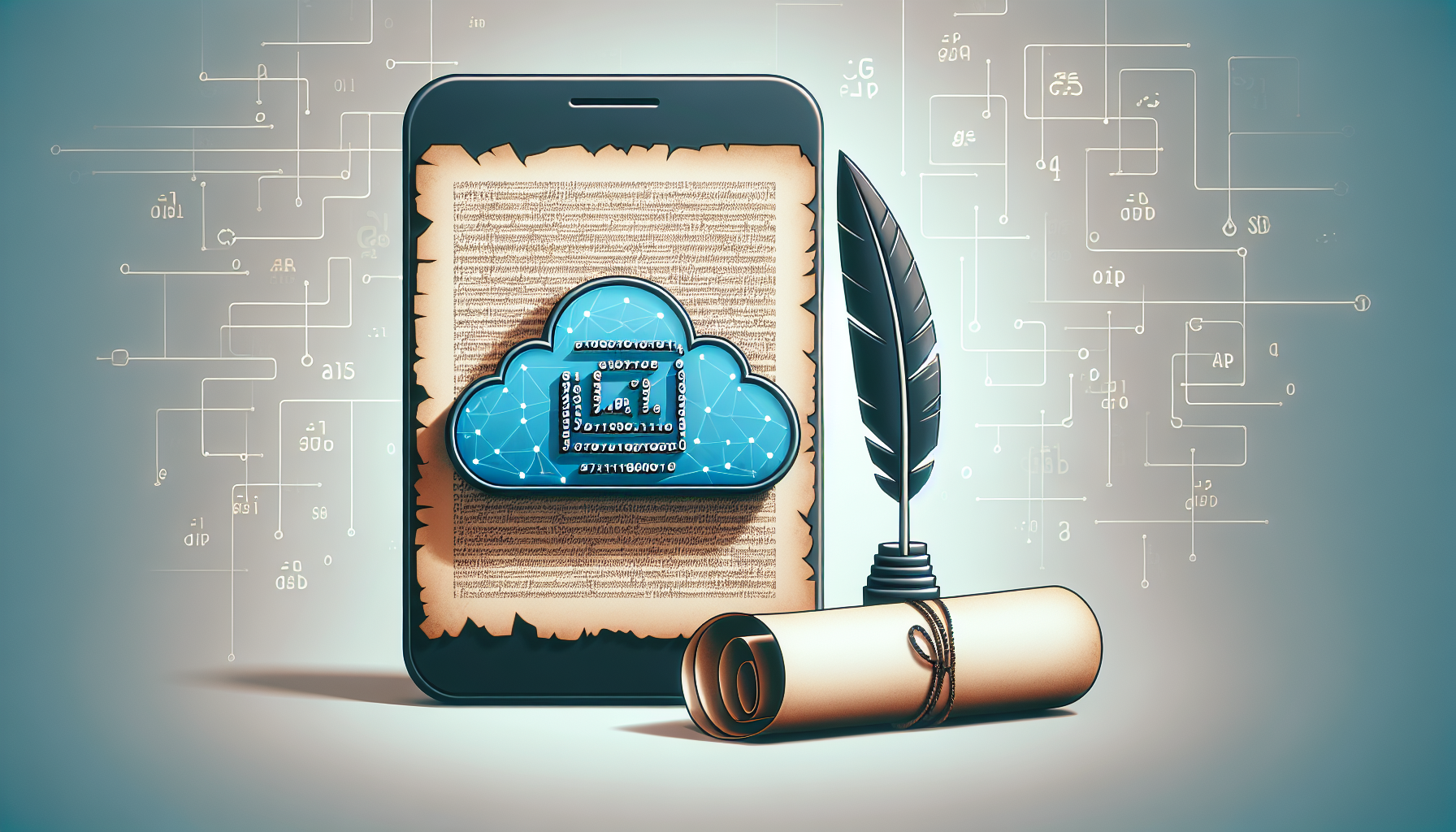 A minimalist depiction of an abstract mobile application interface, and a symbolic digital cloud shaped as a restful icon, representing a REST API. Nearby lies an old feather quill and unfurled scroll, symbolizing custom writing. In the background, faint codes can be seen representing a programming language. All elements are devoid of brand logos, text, and human figures.