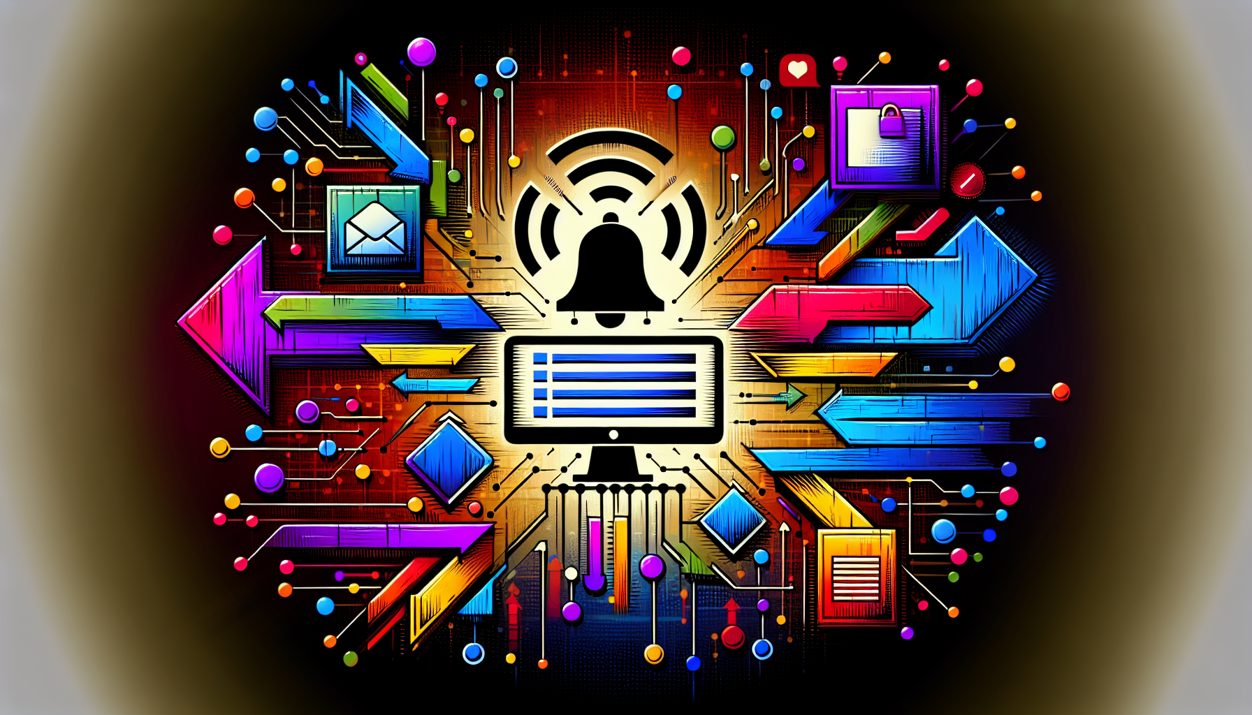 Visualize an abstract image representing the concept of 'Implementing Push Notifications for WordPress Site'. The image consists of a large symbol of notifications (a bell) and arrows pointing towards a simplified abstract representation of a computer screen displaying a blog-like structure (generic, no logos or brand names). Everything is in mid-air, symbolizing wireless technology. Include vibrant colors to emphasize the push notifications. All the elements are surrounded by a network of interconnected dots and lines, signifying digital communication. However, there are no humans or text present in the image.