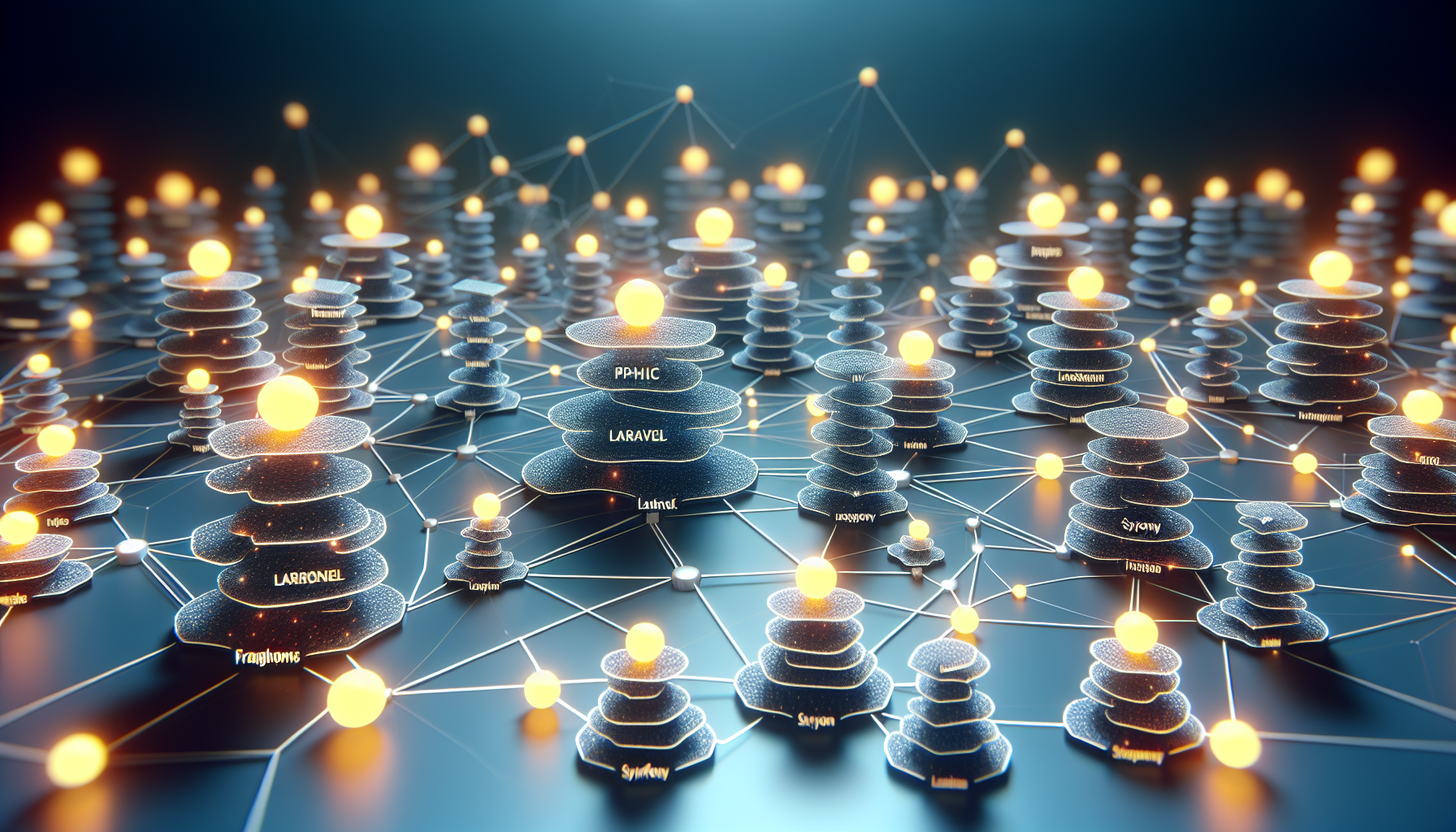 An abstract visualization of PHP MVC Frameworks without any text or people. The scene depicts a series of interconnected nodes and pathways, symbolizing the Laravel and Symfony frameworks and more, without specifying brand names. Each framework is represented by a unique structure of nodes and pathways, all emanating a soft glow, placed on a digital background.