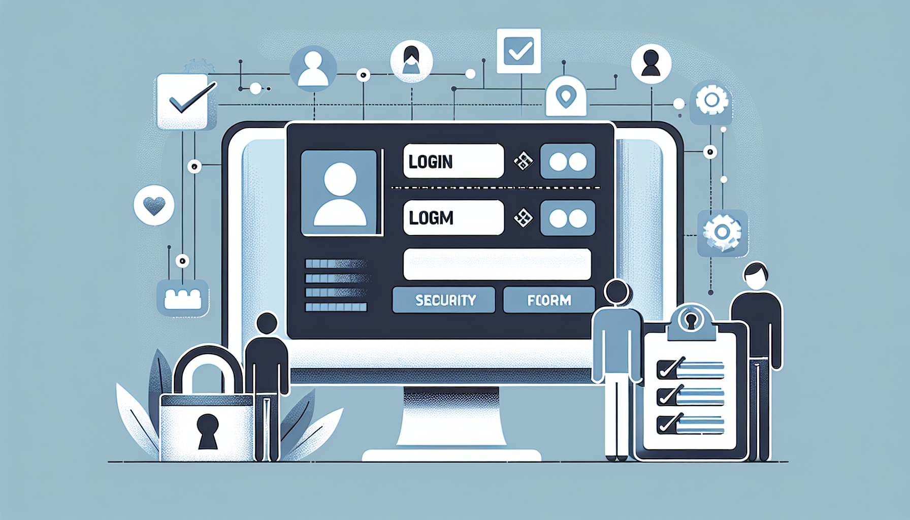 An image showing the process of creating custom login and registration forms for a membership website built with a popular CMS represented abstractly. The main elements: a generic computer screen with neutral code symbols, a stylized lock symbolizing security, checkboxes and form fields, and a stylized person icon to indicate membership. All this is portrayed in a minimalist, flat design style, without any people, text, brand names or logos.