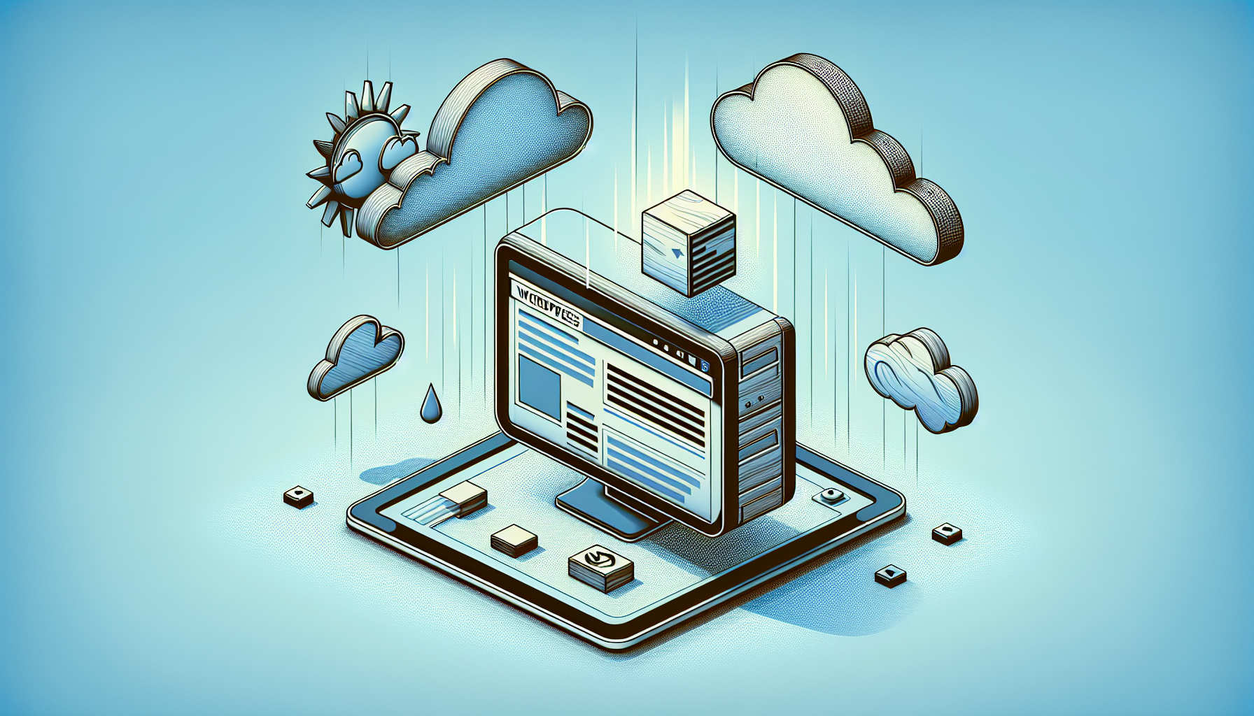 Illustrate an abstract representation of a WordPress site concept, featuring live weather streaming via APIs. The scene depicts two elements: a generic computer monitor and a weather widget. The monitor is neatly designed with a homogeneous base color that does not bear any brand name or logo. The screen of the monitor displays a representation of a CMS layout, identifiable as WordPress by its common visual elements but again, without any brand or logos. The weather widget is artistically portrayed as a small, floating, transparent cube above the monitor. It emanates a gentle light, symbolizing its live status, and displays generic weather icons, such as a sun for sunny weather, a cloud for cloudy weather, and a raindrop for rainy weather. This visualization applies only abstract symbols and does not include any actual text or specific brands.