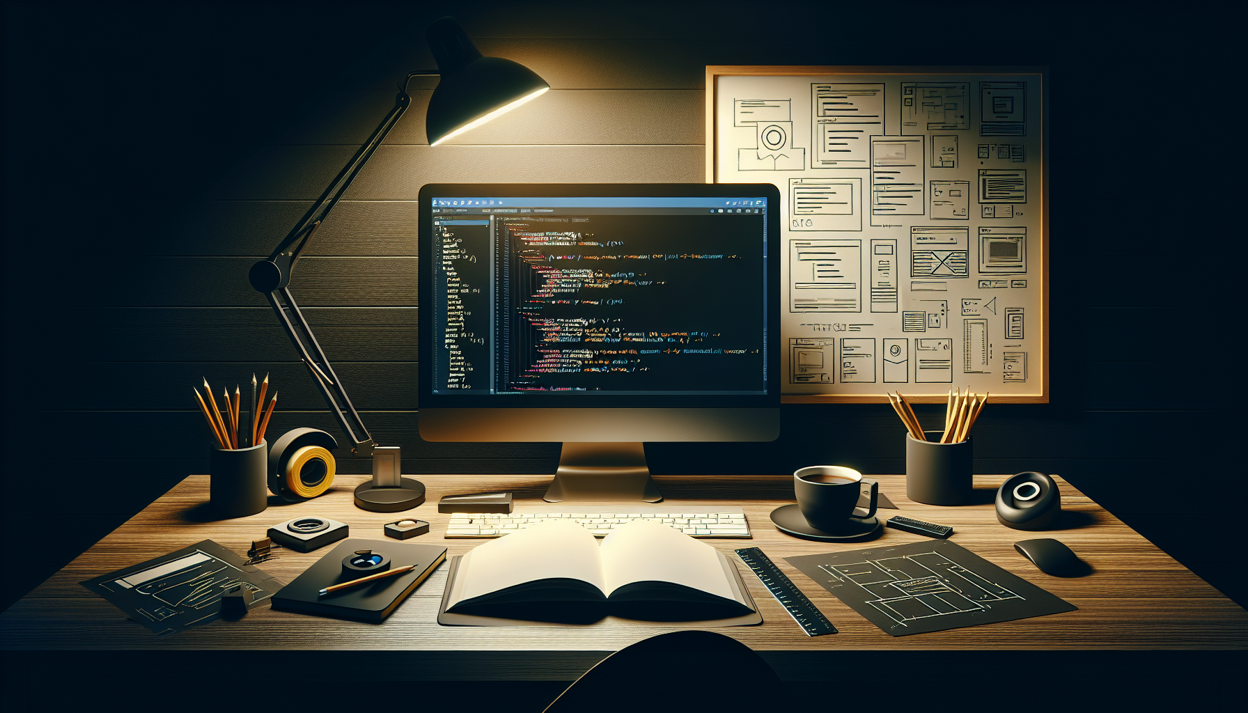 A detailed, illustrative scene: In a very sleek, minimalistic office area, there's a large computer monitor on a wooden desk. The screen displays pieces of code reflecting lines related to CSS, HTML, and PHP -indicative of the process of WordPress theme creation-, and sans any brand markings or logos. Nearby, there is an open sketchbook showing rudimentary layouts and wireframe designs, a cup of coffee, and various development tools like rulers, pencils, and compasses are scattered around. The ambiance is illuminated by a desk lamp casting yellowish-white light, highlighting the desk contents and casting contrasting shadows.