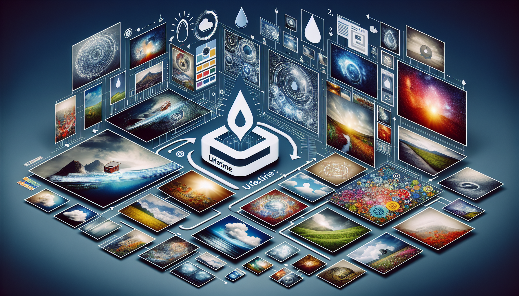 Visual representation of an abstract concept: A collection of various photos symbolizing different types of content, from landscapes to abstract designs, different sizes and orientations, being uploaded to a symbolic icon representing a generic CMS platform. Each image, during the upload process, is marked with a subtle, generic watermark, represented as a translucent mark on each photo, the design of the watermark is a drop of water. Lifetime of the process is symbolised by a progress bar filling up. The colors of the scene are to give a sense of digital, computer-related activities. No people, text, brand logos or brand names to be included.