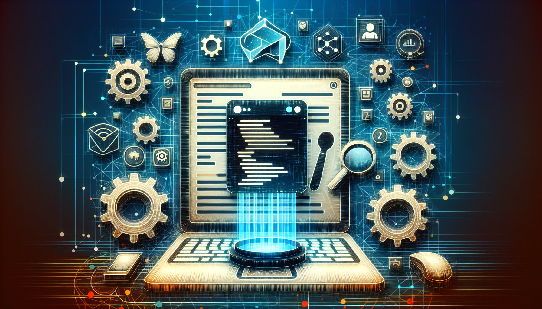 An abstract representation of WordPress website customization process: an open laptop screen displaying a set of coding tools and a unique search feature, a small filter symbol floating in a relevant area showing the custom post filter, and a series of gears interconnecting to symbolize the optimization process. The background contains a variety of subtle tech-related icons and patterns. Remember to exclude any branding, logos, people, and text within the image.