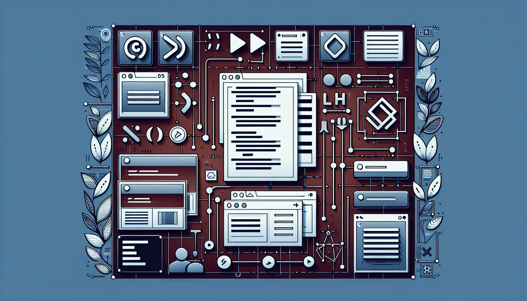 An impactful illustration portraying the process of theme development on a generic content management system. The central focus is a neat, organized arrangement of symbolic icons representing coding shortcodes, such as a bracket, parentheses, and slashes. Next to these signs, there's an image of a creatively designed, abstract theme layout with various components that indicate different sections of a website like header, content area, footer. There is no text, no people or specific brand names, logos present in the image, ensuring neutrality. The overall tone should be professional and informative, with a simple color palette.