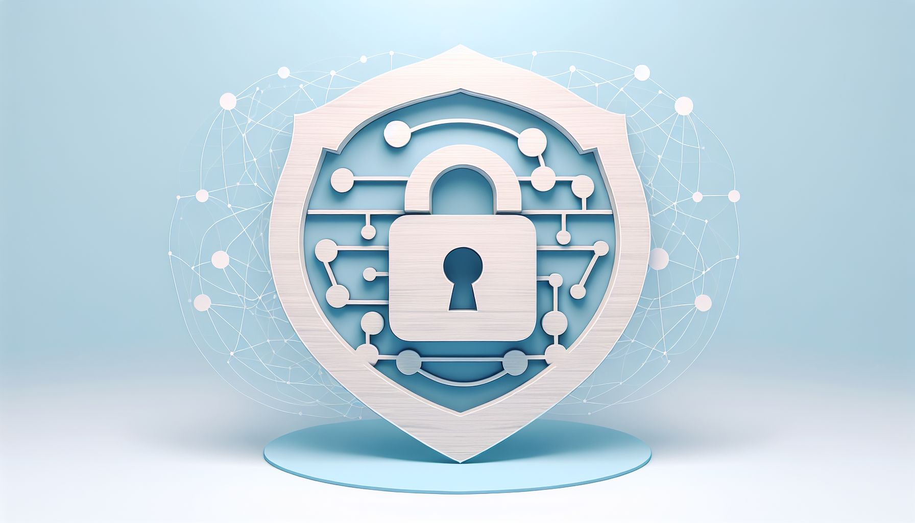 A clean, minimalistic illustration showing the abstract concept of secure WordPress Rest API. A large, simple lock symbol is encompassing a pattern of interconnected dots and lines that signify a network, representing the API. There's a protective shield hovering over the lock, symbolizing security. No people, text, or brand names are depicted in the scene. The backdrop combines soft, easily-blended colors to make the focus stand out, and the overall tone of the image leans towards calming blues, implying trust and reliability.