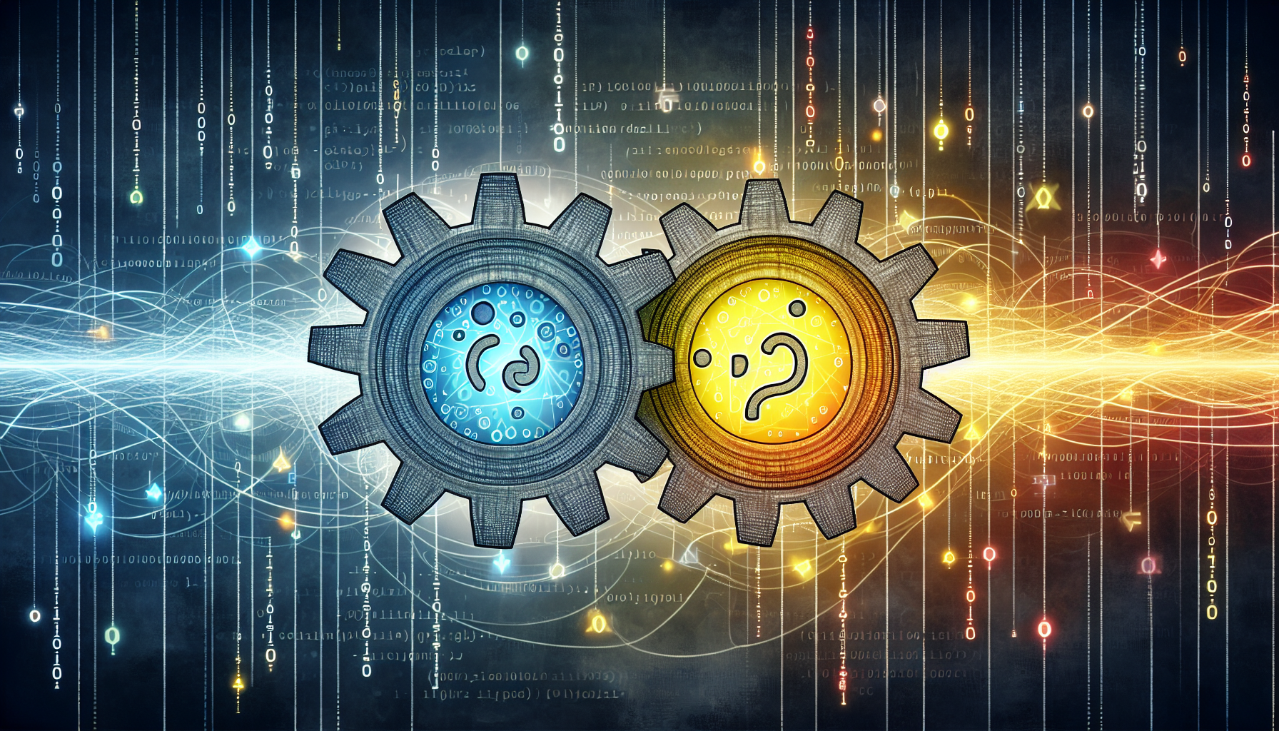 A visually appealing and abstract representation of the concept of web application development using PHP and AJAX. Illustrate two overlapping gears, one colored with the characteristic elephant-gray associated with PHP and the other in a radiant yellow associated with AJAX. Each gear should represent the language and show abstract symbols like curly braces, arrows, and semicolons related to programming, instead of teeth. In the background, display a matrix of binary code fading into the distance to symbolize data flow, and subtly interconnected lines to represent the asynchronous nature of AJAX. Do not include people, text, or brand names.