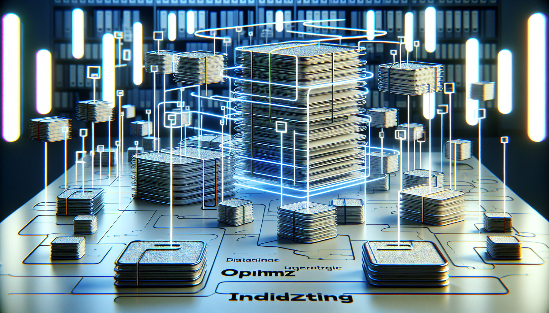 An abstract representation of optimizing a database for a generic content management system. The scene displays several floating 3D index cards arranged in an array representation, each connected by neon-glowing tracer lines suggesting the concept of indexing. The overall visual is a mixture of physical and digital worlds, indicated by the blend of tangible objects such as index cards and digital elements like glowing tracers. Its color palette boasts hues of blues and whites to depict a neutral and professional atmosphere, while including no people, text, or recognizable brands.