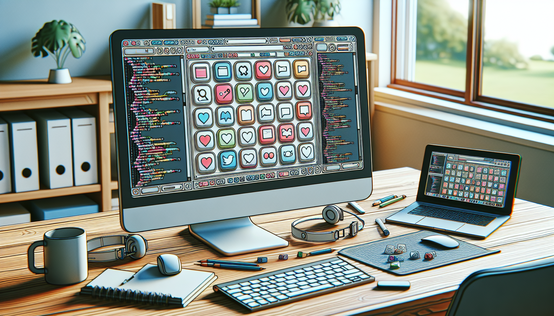 A detailed computing setup with a monitor showing a neat array of blank, colorfully outlined rectangles, representing social sharing buttons. There is a workbench with an open laptop whose screen exhibits lines of coding language on a white background, signifying the creation of a plugin. On the workspace, also include basic programming accessories such as a mouse, keyboard, a headset, and a coffee mug, all unbranded. Painted in a serene home workspace, devoid of people. The whole setting is well-lit, giving vibes of productivity and focus.