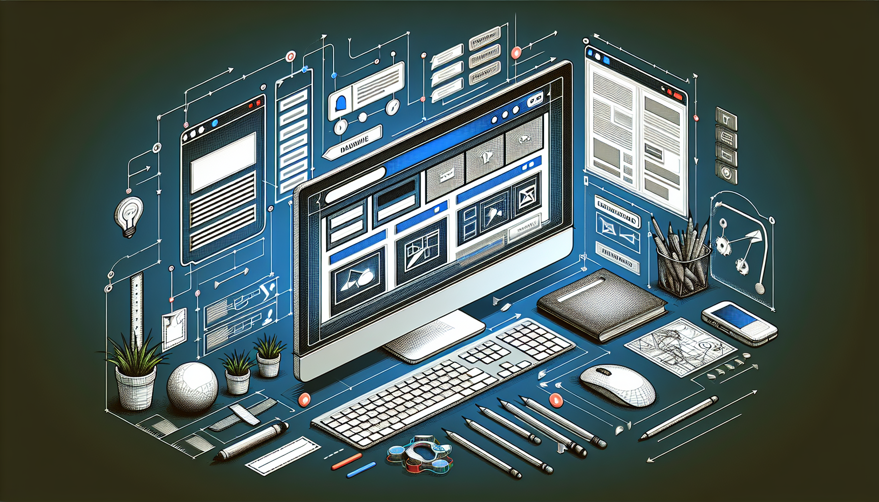 A digital illustration of a computer screen displaying a generic website design, showcasing certain sections that can be modified. On the screen, there are different panel sections representing difference web pages. One of the pages is highlighted to stand out, while the header area is emphasized with dynamic, adaptive icons. Surrounding the computer are various design tools like a mouse, keyboard, stylus and a blueprint, symbolizing the design process. There are conspicuous arrows indicating the changes being made on the header, with respect to the selected page. All brands and text are replaced with non-identifiable symbols.