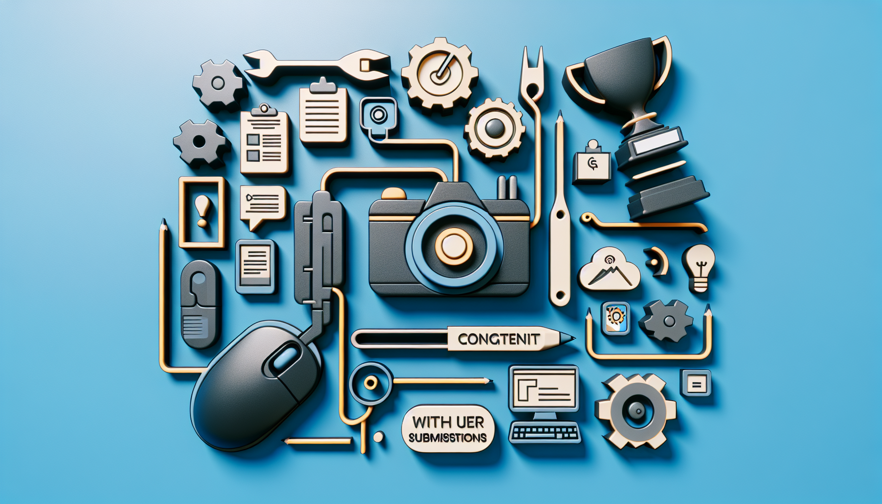 An image illustrating the concept of building a WordPress Photo Contest Plugin with User Submissions. It features symbolic items such as a construction tools, a camera, a trophy, and a computer mouse, all arranged in a streamlined, visually appealing manner. Each element signifies a component of building a contest plugin - the tools for the creation process, the camera for the photo contest, the trophy to represent the competitive aspect, and the mouse as an icon of user interaction. The image avoids the use of text, people, brand names, and logos, focusing solely on the conceptual representation.