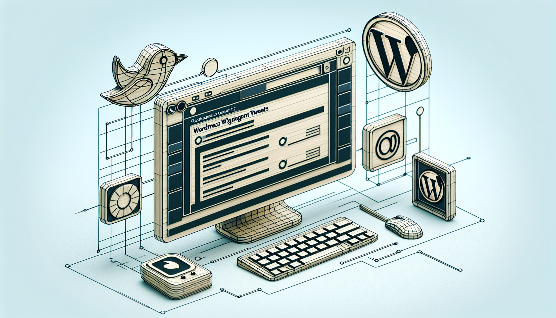 An image portraying the concept of creating a custom WordPress widget for recent tweets without using any text, human figures, brand names, or logos. The scene includes a symbolic representation of a computer screen displaying icons referring to a customisable widget, a stylized bird (indicating tweets), and the WordPress three-dot logo replaced with three generic dots. All elements are illustrated in a sleek, 'wireframe' schematic style, set against a light background giving an impression of a modern and clean coding environment.